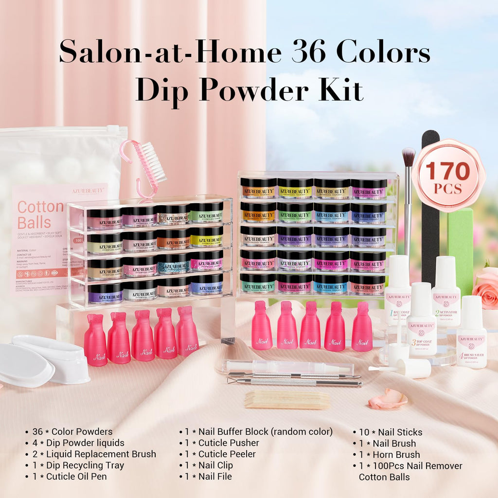 AZUREBEAUTY 170Pcs Dip Powder Nail Kit Starter – 36 Colors, No Lamp Needed