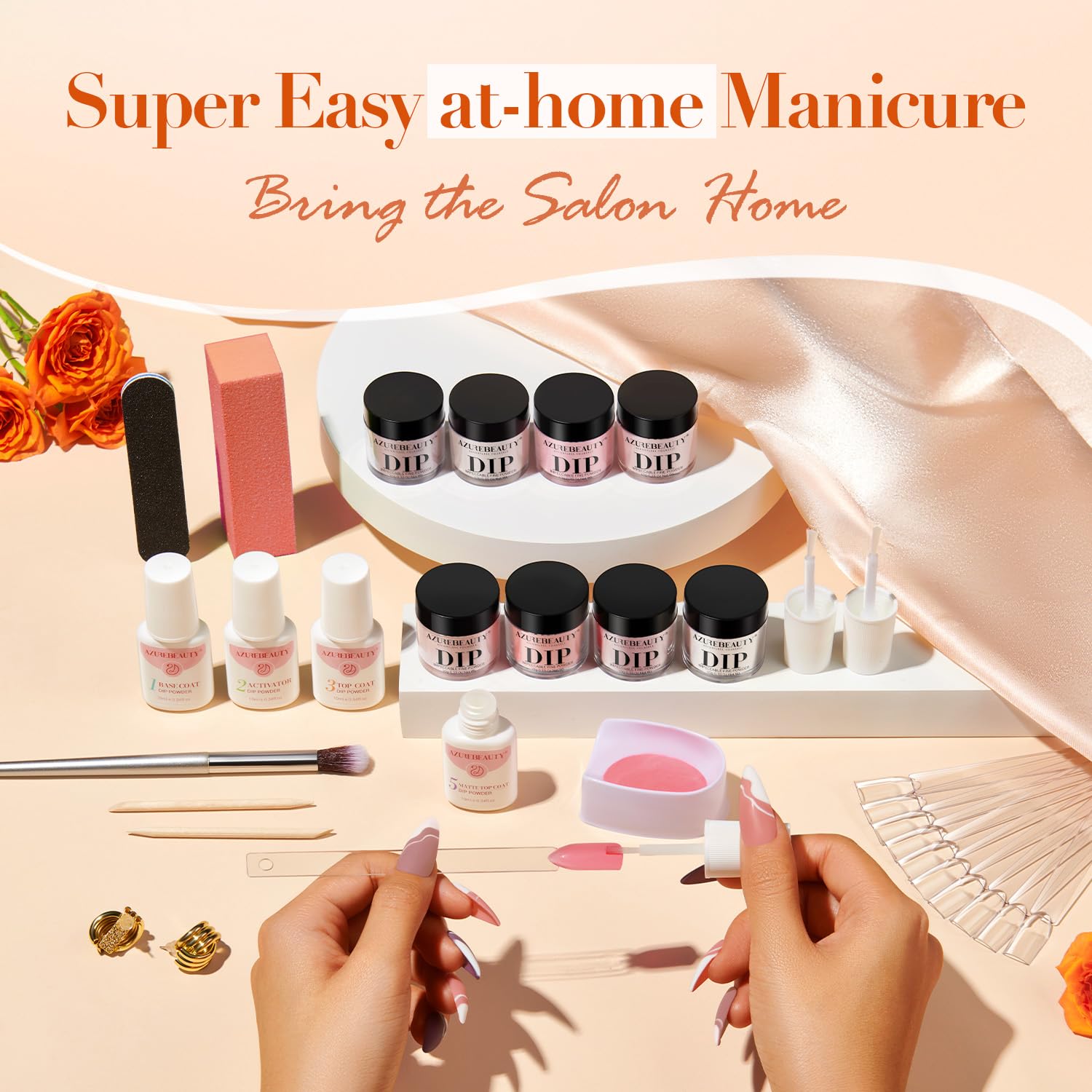AZUREBEAUTY 30Pcs Dip Powder Nail Kit Starter with 8 Colors, Matte Top Coat, No Lamp Needed