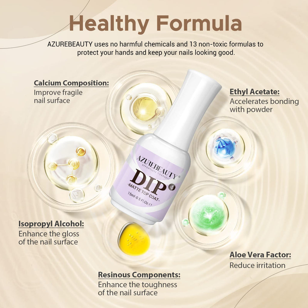 AZUREBEAUTY Dip Powder Liquid Set – Base & Top Coat, Activator, Matte Top Coat (15 ml) • Fast Dry, No Lamp Needed