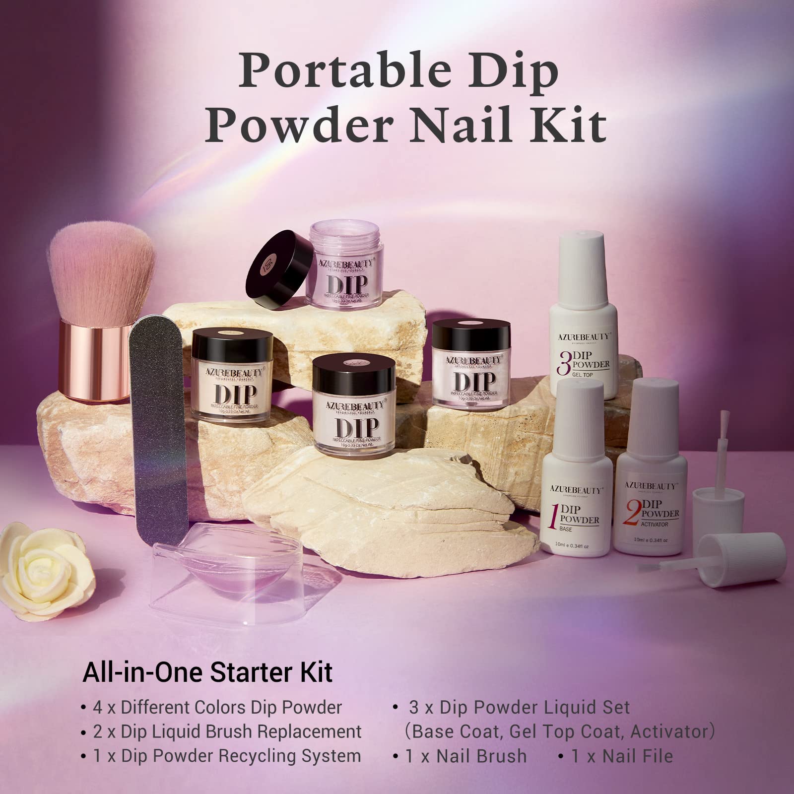 AZUREBEAUTY 4 Colors Dip Nails Powder Kit – Fall/Winter Brown & Purple with Base, Top Coat & Activator