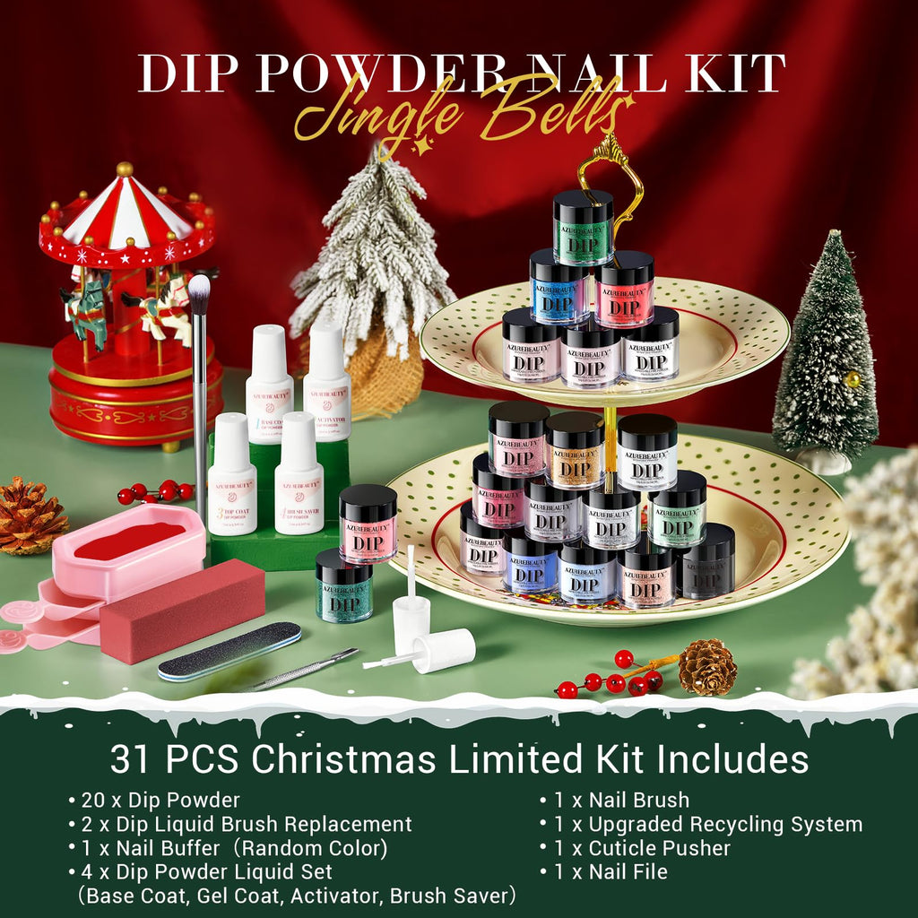 AZUREBEAUTY 31-Pcs Dip Powder Nail Starter Kit – Christmas Colors, No Lamp Needed