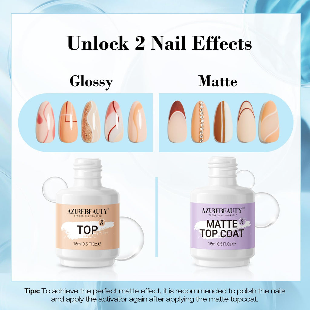 AZUREBEAUTY Dip Powder Liquid Set – Bond, Base, Glossy & Matte Top Coats, Activator, Brush Saver | No Nail Lamp Needed