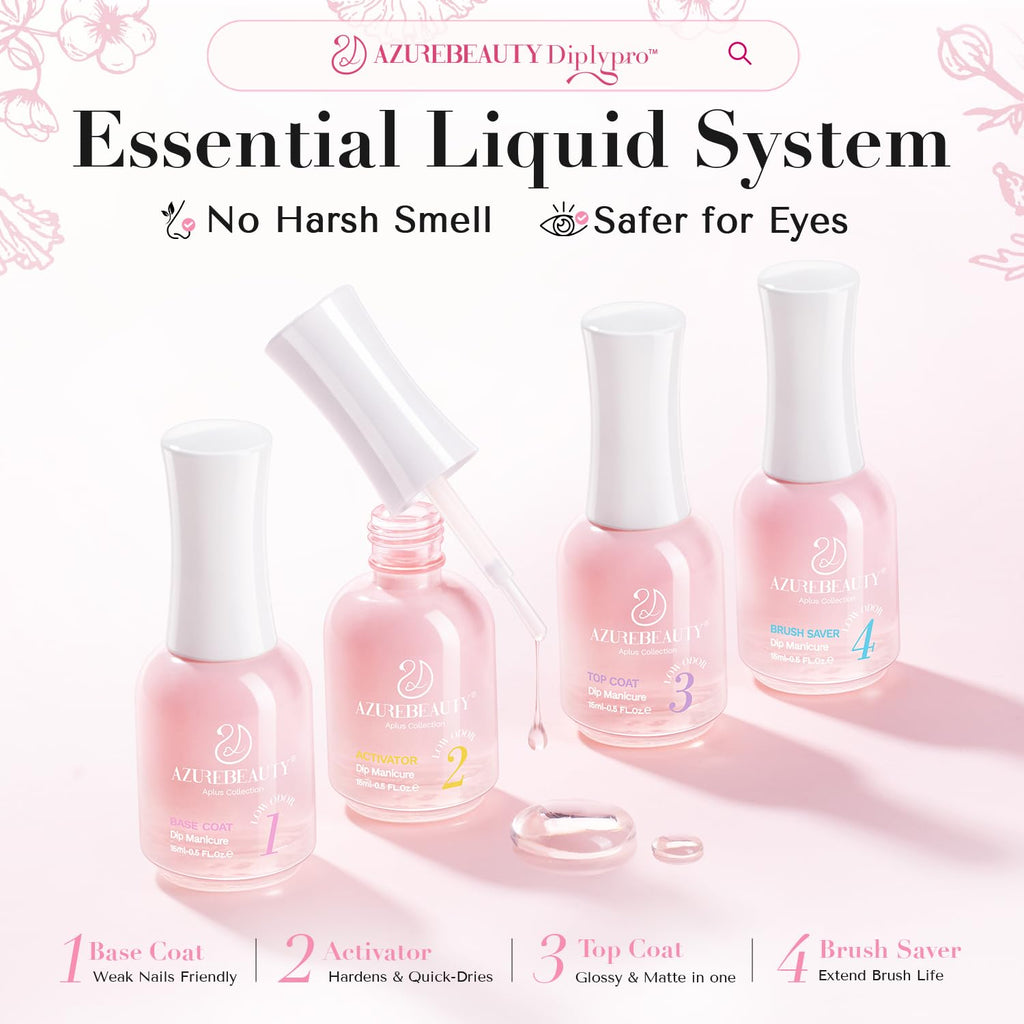 AZUREBEAUTY Dip Powder Liquid Set – 4Pcs Base, Top Coat, Activator, Brush Saver (15ml/0.5oz) – No Lamp Needed