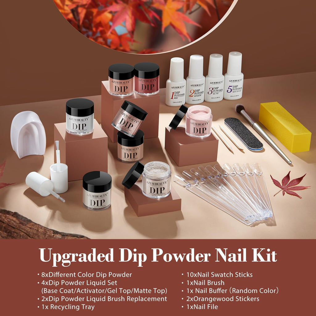 AZUREBEAUTY 30Pcs Dip Powder Nail Kit Starter - 8 Colors, Matte Top Coat, No Lamp Needed