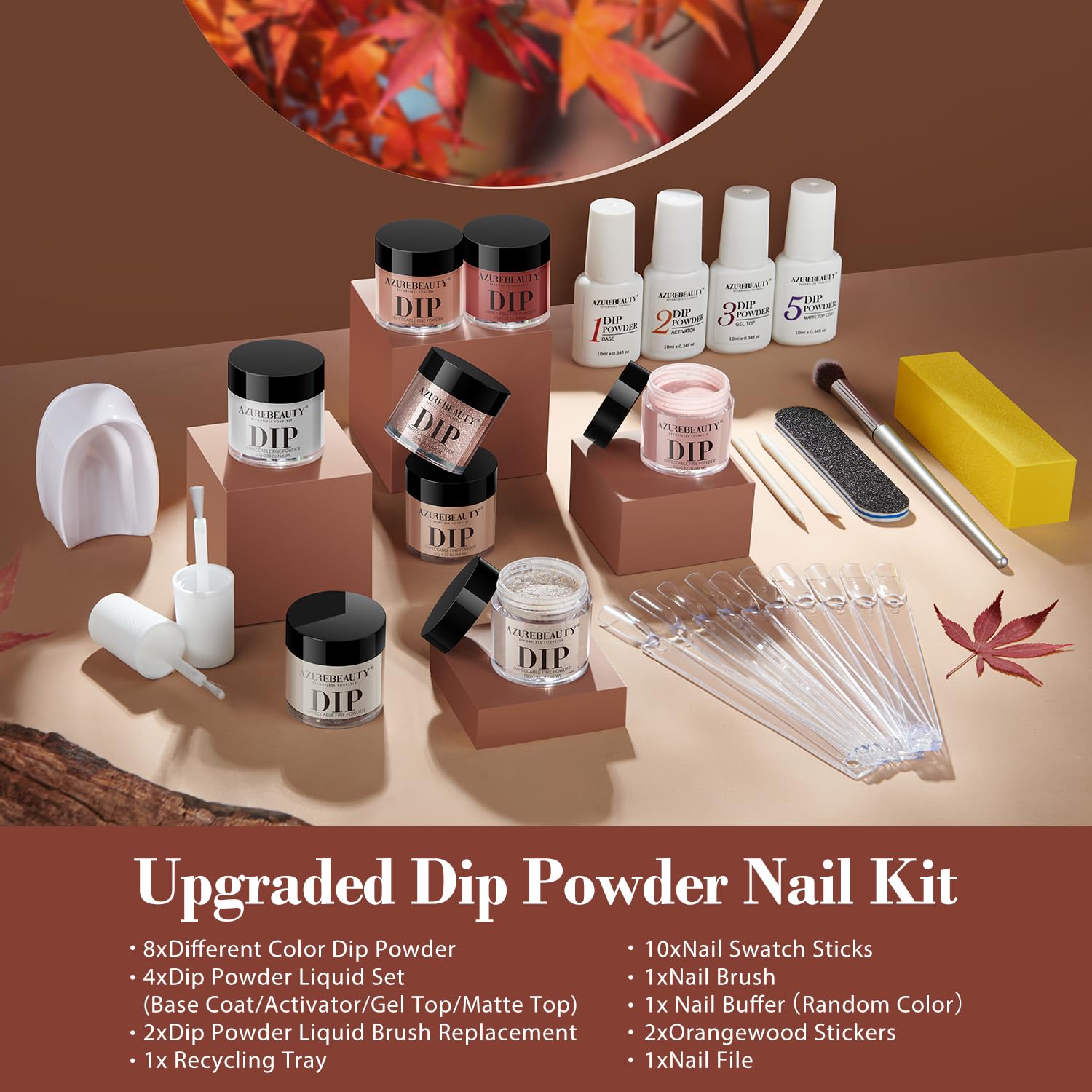 AZUREBEAUTY 30Pcs Dip Powder Nail Kit Starter - 8 Colors, Matte Top Coat, No Lamp Needed
