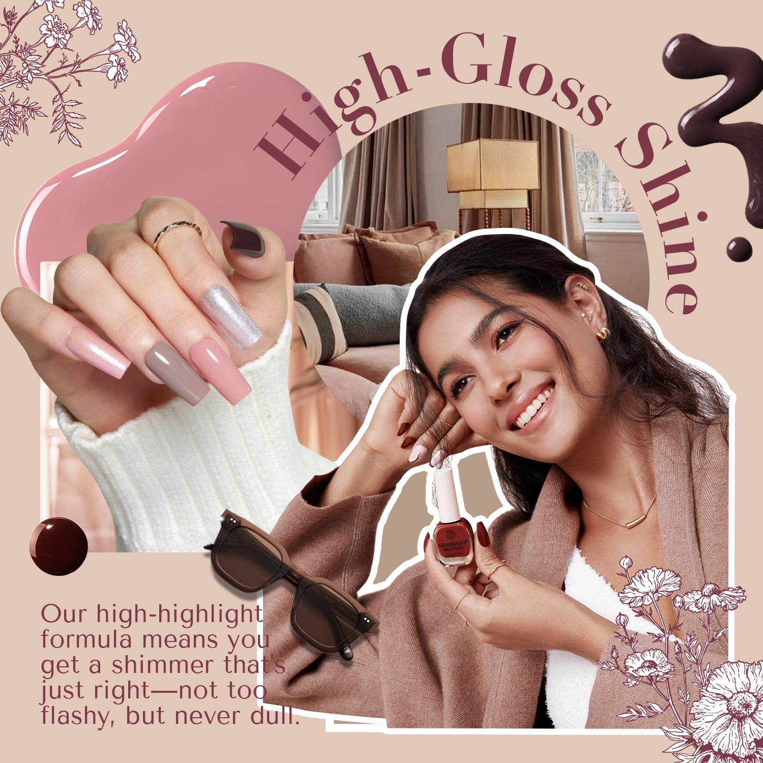 AZUREBEAUTY Nail Polish Set — 4 Colors + Top Coat, Quick-Dry, Natural Finish