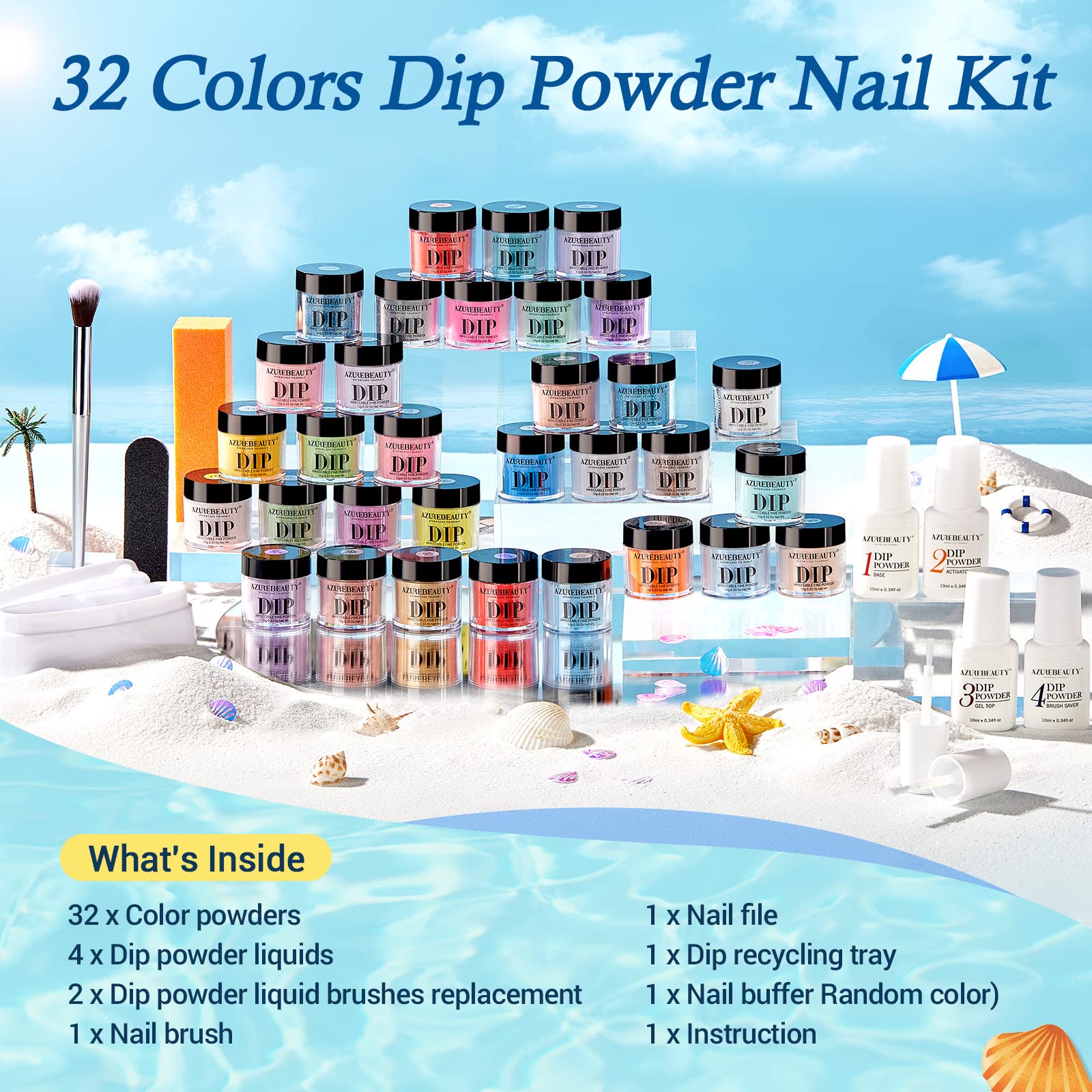 AZUREBEAUTY 42Pcs Dip Powder Kit Starter – 32 Colors, No Lamp Needed, Top/Base/Activator