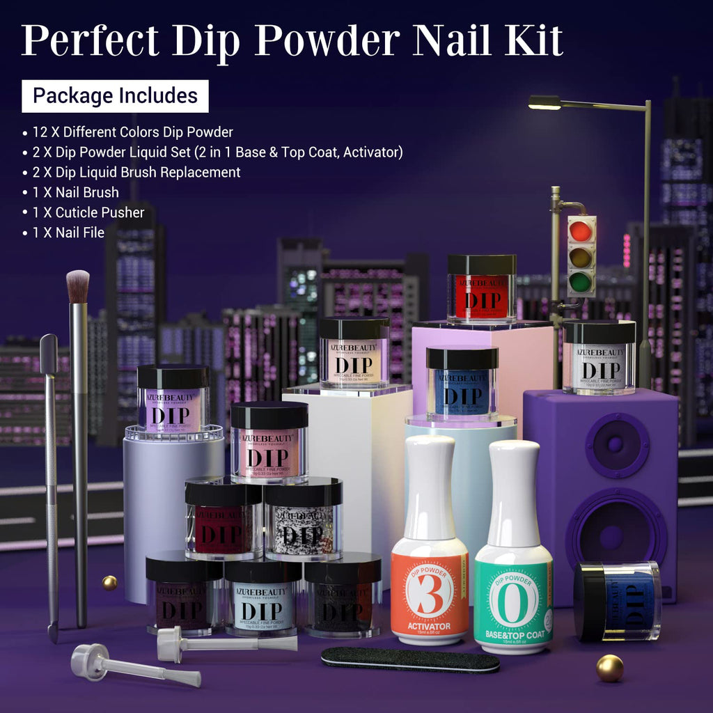 AZUREBEAUTY 19Pcs Dip Powder Nail Kit Starter — 12 Colors, Base/Top Coat & Activator