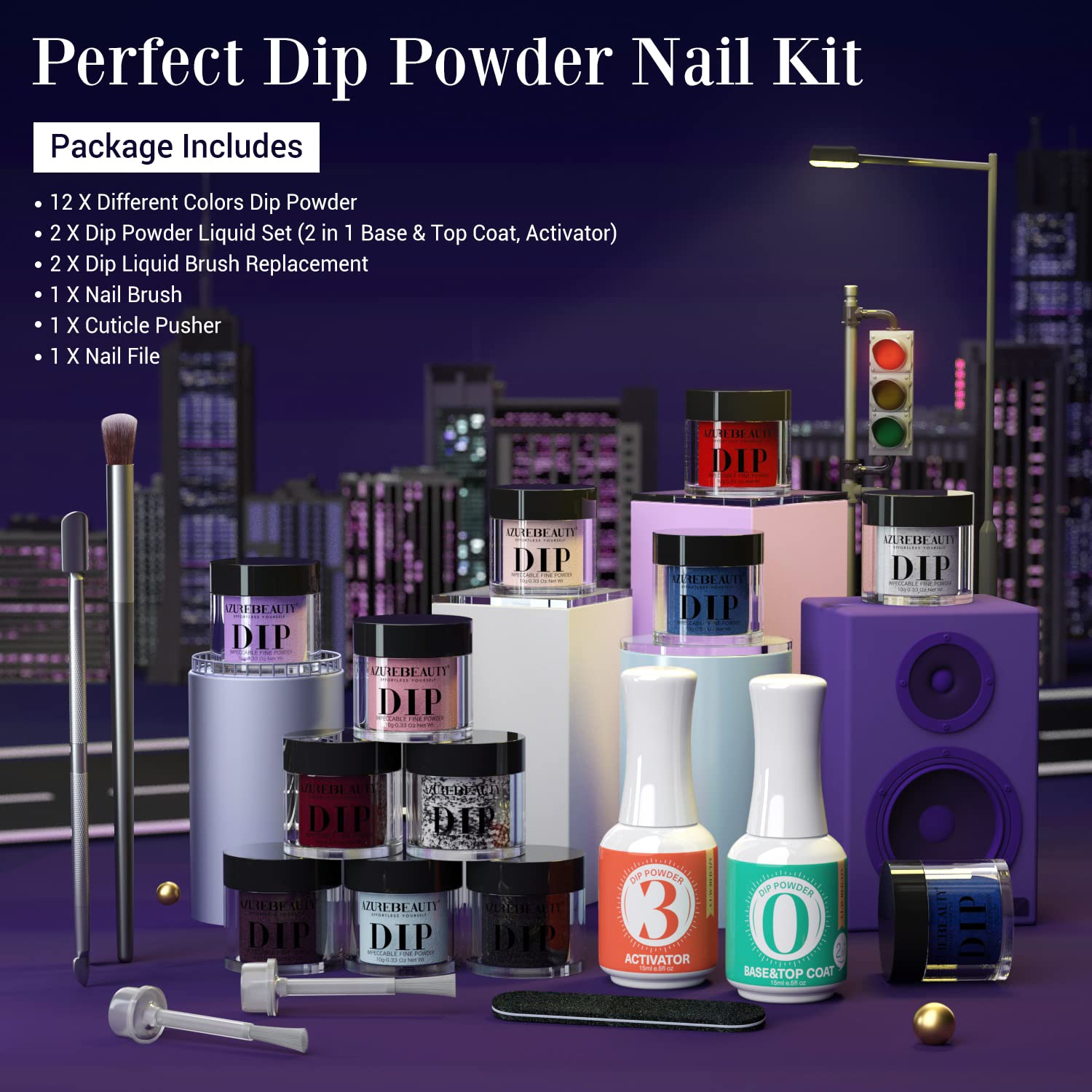 AZUREBEAUTY 19Pcs Dip Powder Nail Kit Starter — 12 Colors, Base/Top Coat & Activator