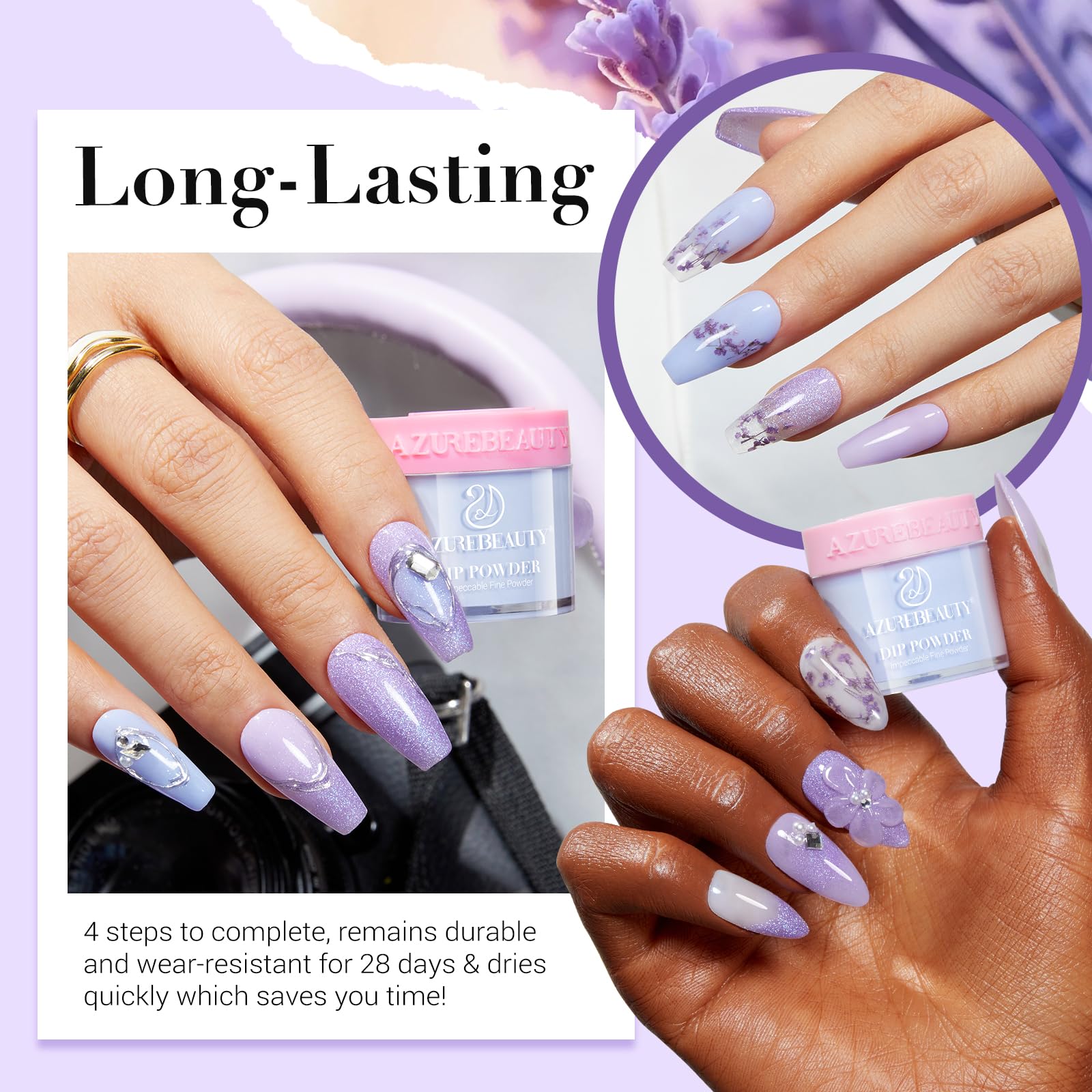AZUREBEAUTY Purple Twilight Bloom Dip Powder Kit – Base, Top Coat, Activator & Dried Flowers for French Nails