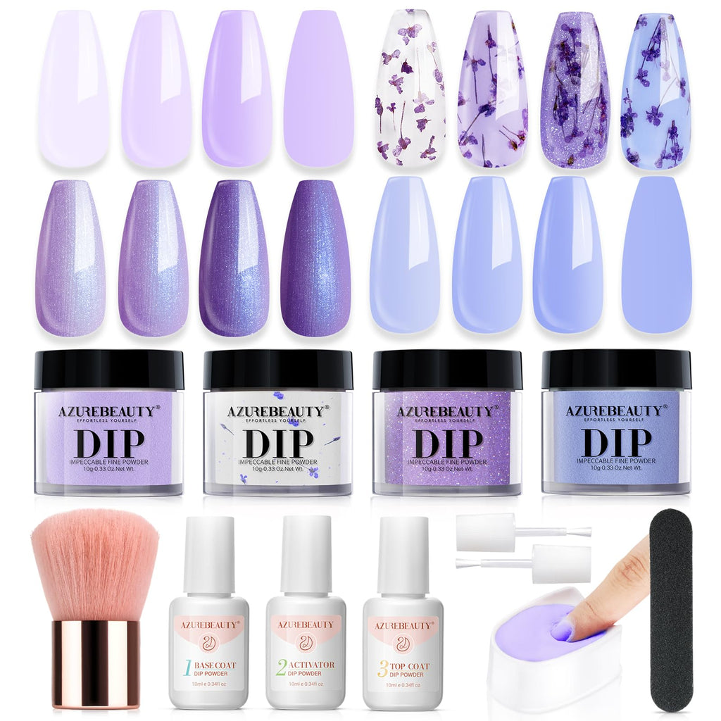 AZUREBEAUTY Purple Twilight Bloom Dip Powder Kit – Base, Top Coat, Activator & Dried Flowers for French Nails
