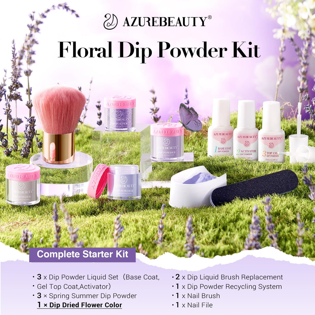 AZUREBEAUTY Purple Twilight Bloom Dip Powder Kit – Base, Top Coat, Activator & Dried Flowers for French Nails