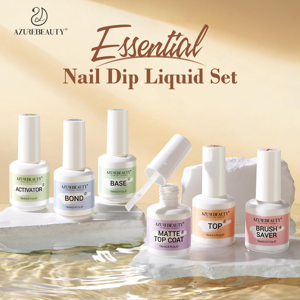 AZUREBEAUTY Dip Powder Liquid Set – Bond, Base, Glossy & Matte Top Coats, Activator, Brush Saver | No Nail Lamp Needed