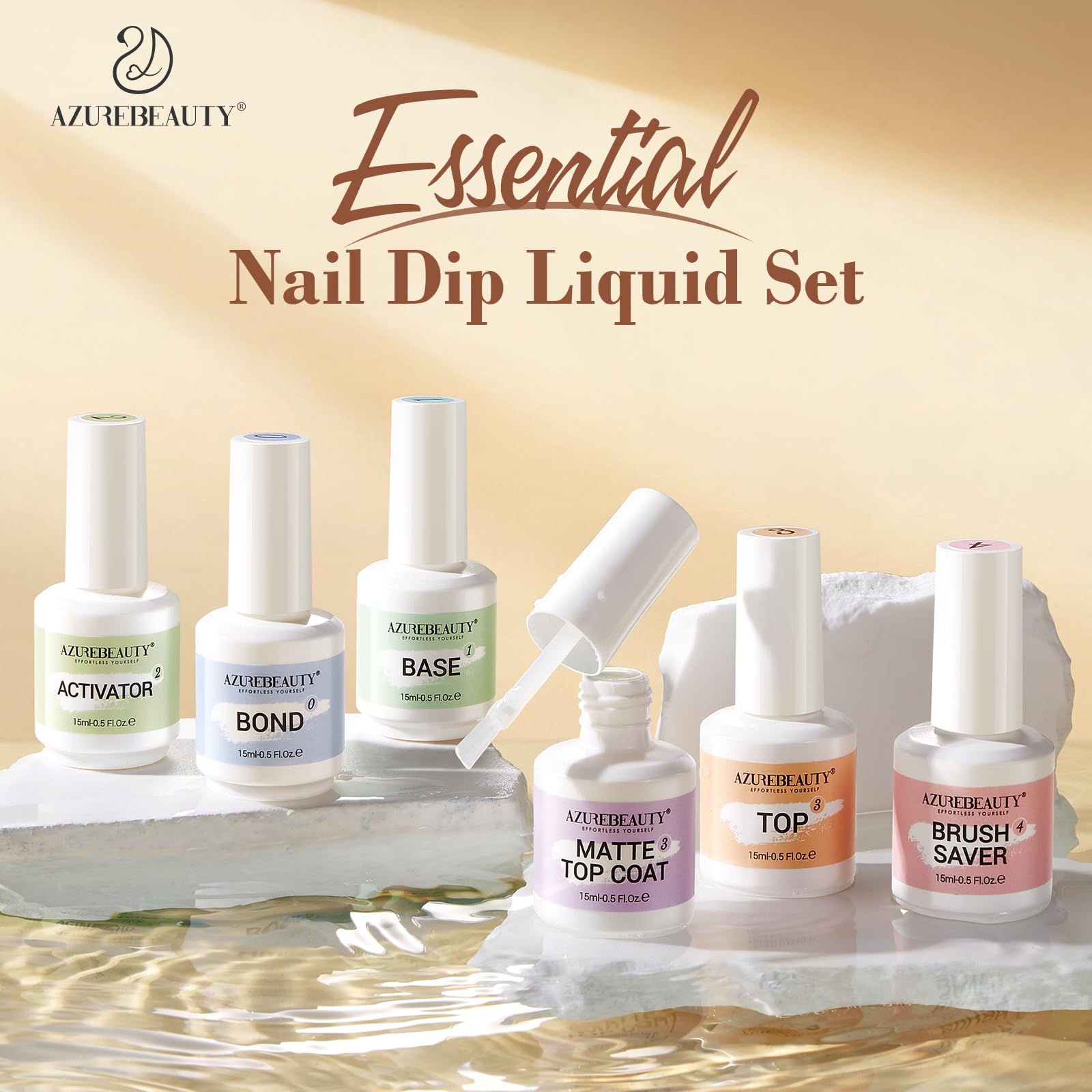 AZUREBEAUTY Dip Powder Liquid Set – Bond, Base, Glossy & Matte Top Coats, Activator, Brush Saver | No Nail Lamp Needed