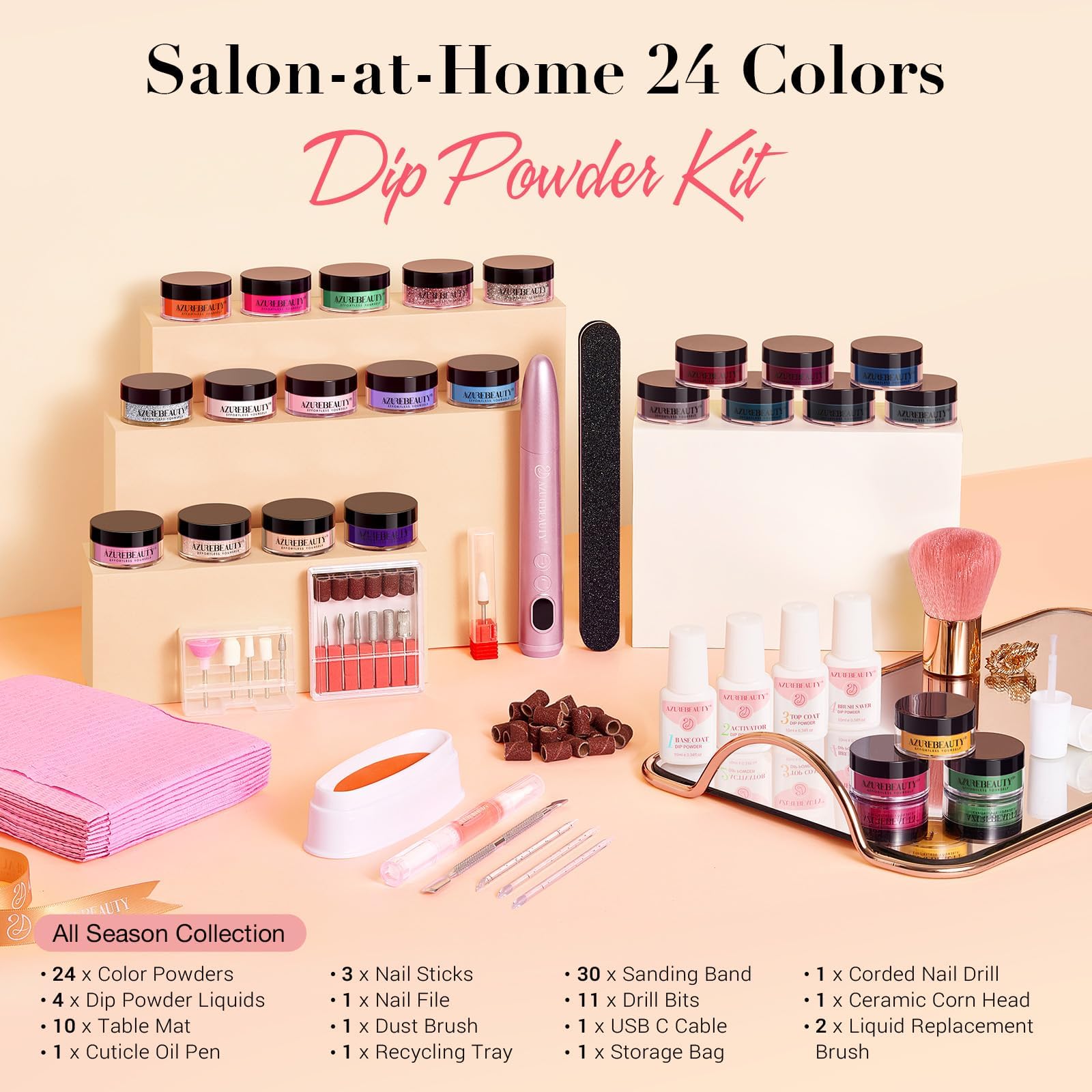 AZUREBEAUTY Dip Powder Nail Kit with Electric Drill — 24 Colors