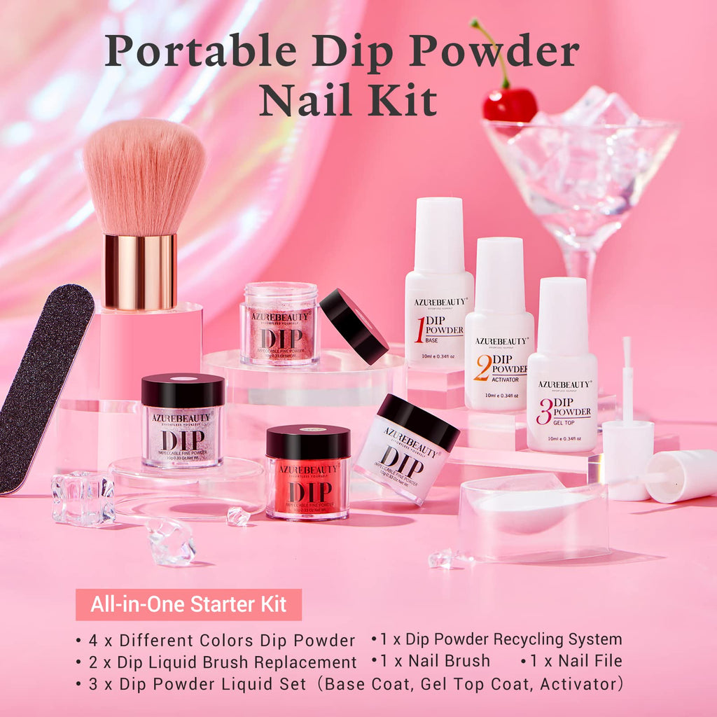AZUREBEAUTY Dip Powder Nail Kit Berry Red Silver Glitter – 4-Color Dipping Powder Set, No Lamp Needed