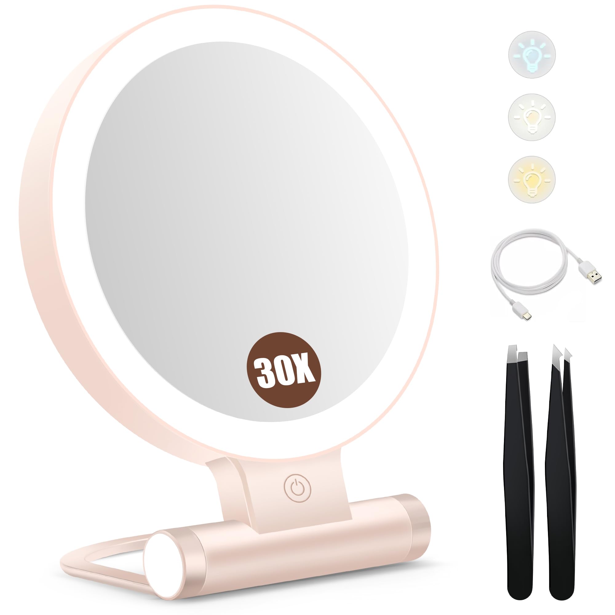 B Beauty Planet Magnifying Mirror with Light 30X — Dual-Sided 1X/30X, Pink, 2000mAh