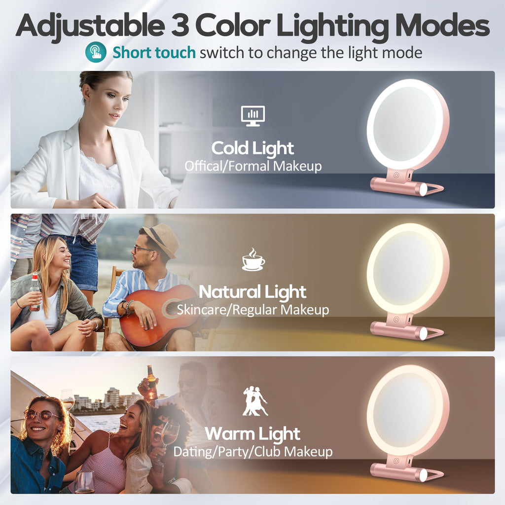 B Beauty Planet Magnifying Mirror with Light 30X (Rose Gold) – 1X/30X Dual-Sided, USB-C, 2000mAh, 3 Color Modes, Foldable Travel