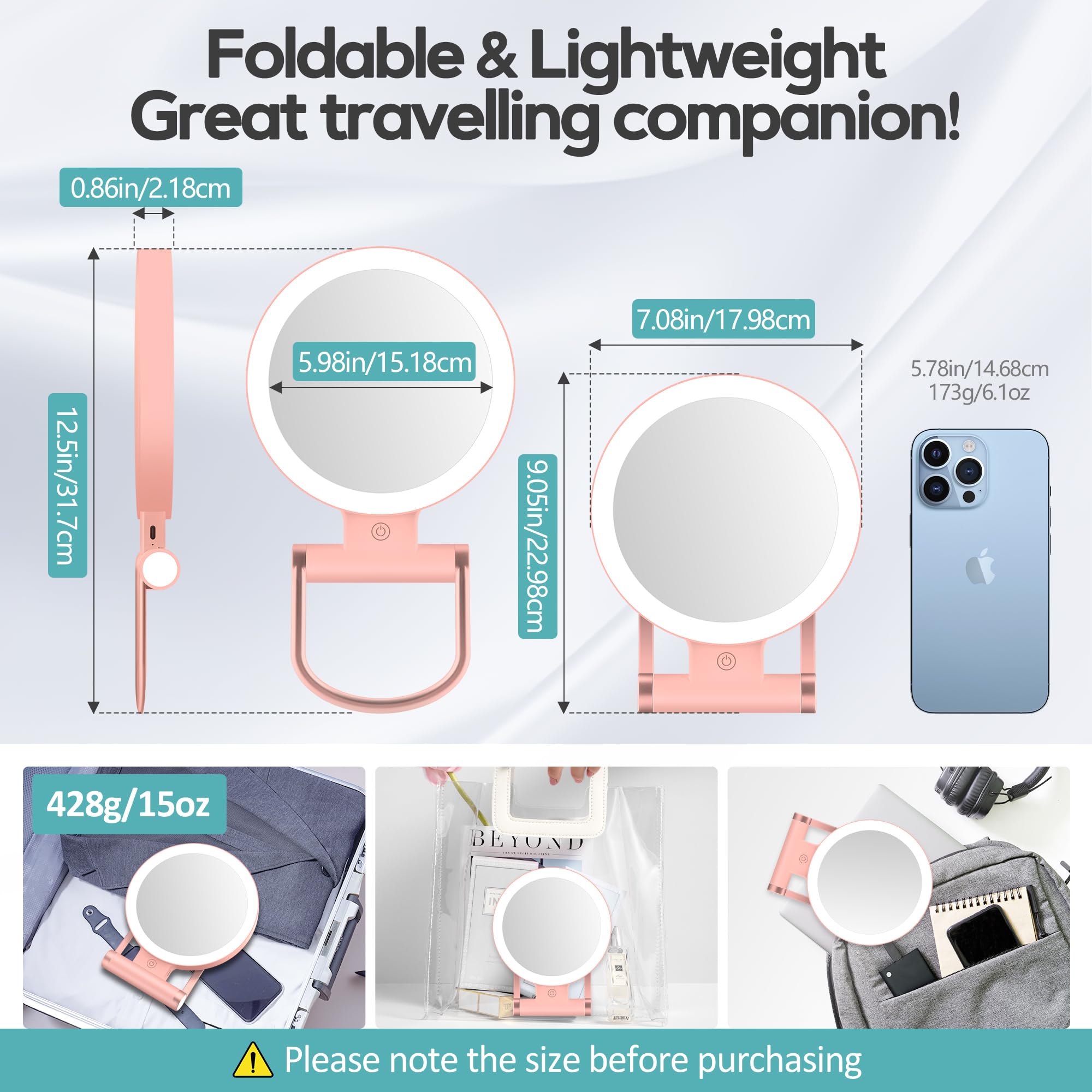 B Beauty Planet Magnifying Mirror with Light 30X (Rose Gold) – 1X/30X Dual-Sided, USB-C, 2000mAh, 3 Color Modes, Foldable Travel