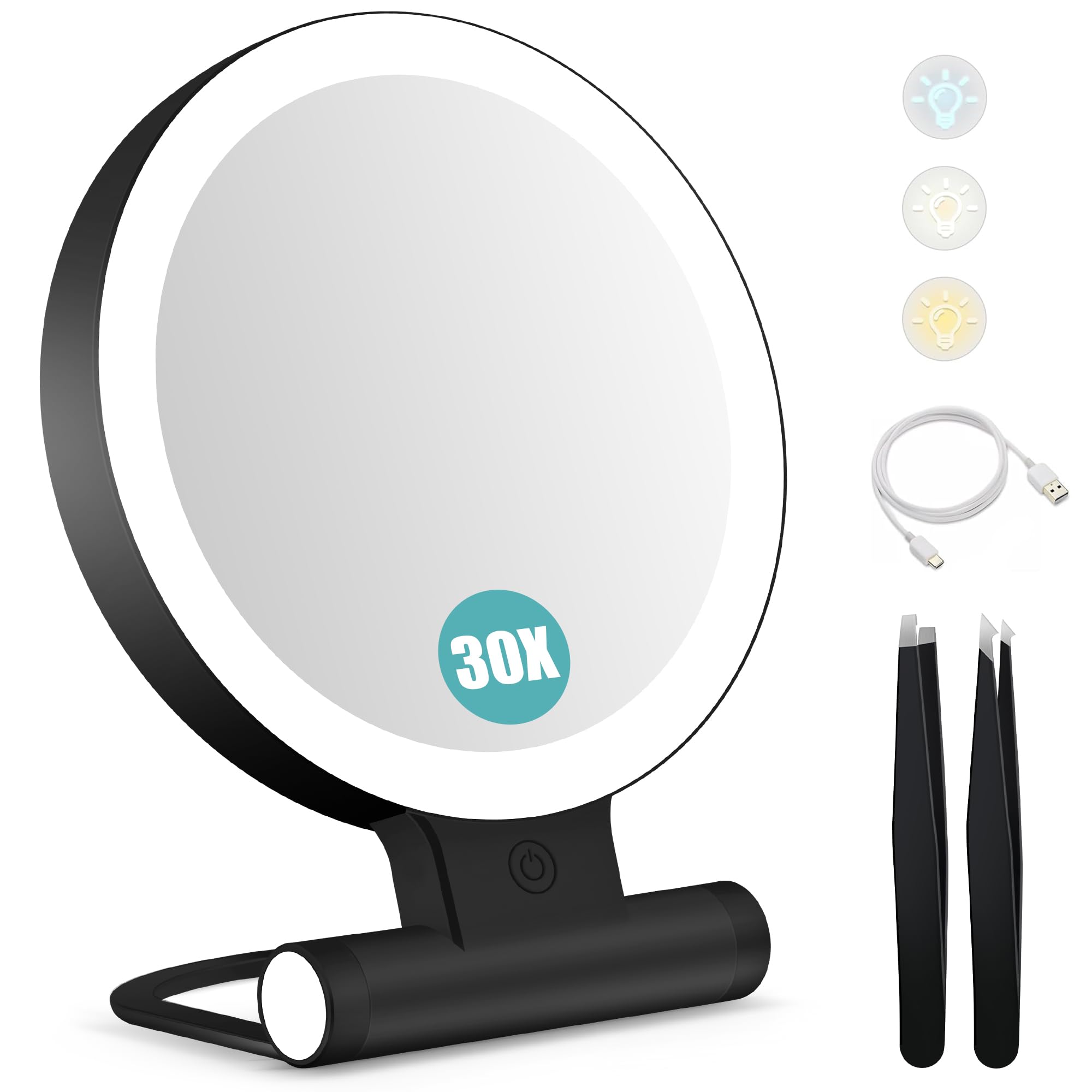 B Beauty Planet 30X Magnifying Mirror with Light – 1X/30X Dual-Sided, USB-C, Portable