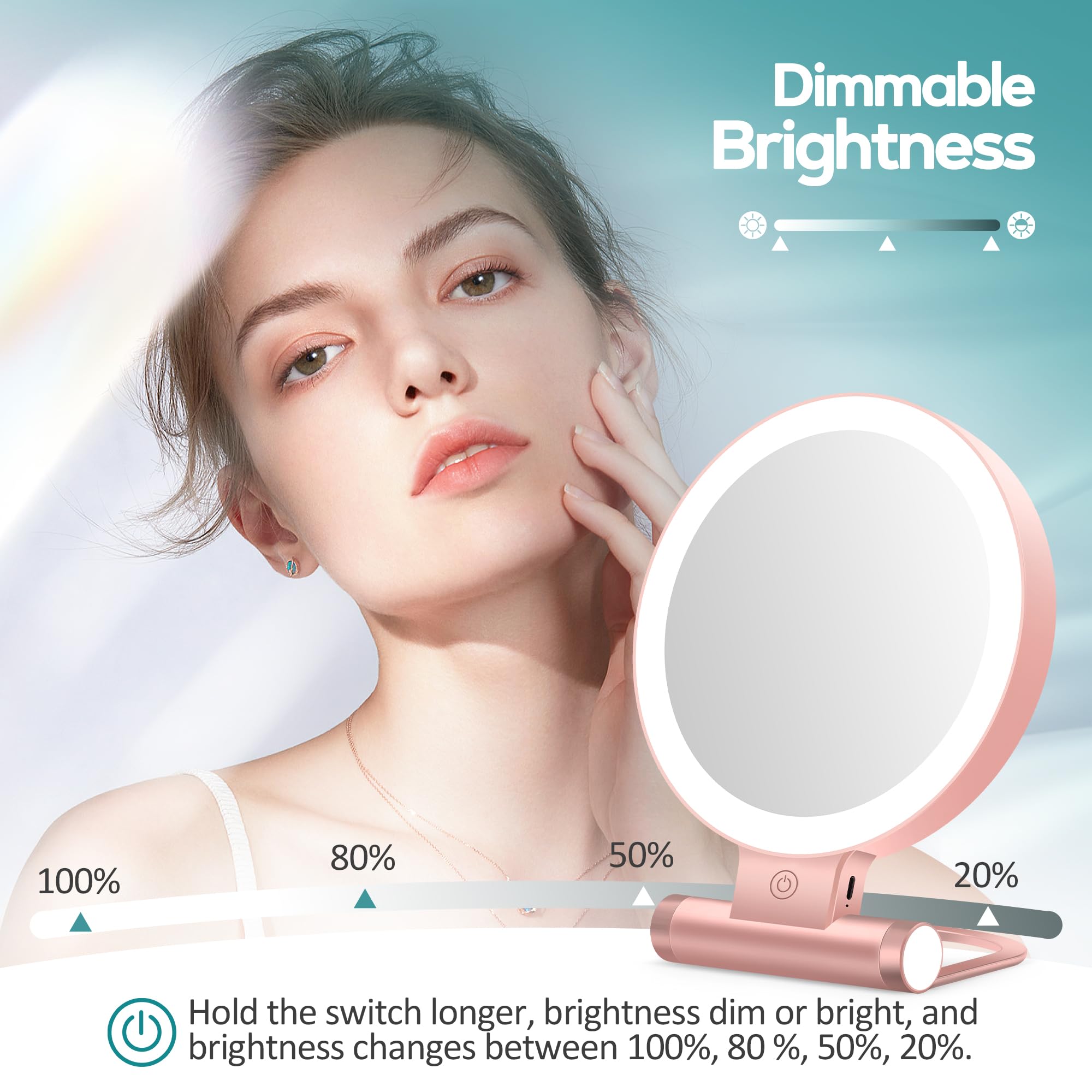 B Beauty Planet Magnifying Mirror with Light 30X (Rose Gold) – 1X/30X Dual-Sided, USB-C, 2000mAh, 3 Color Modes, Foldable Travel