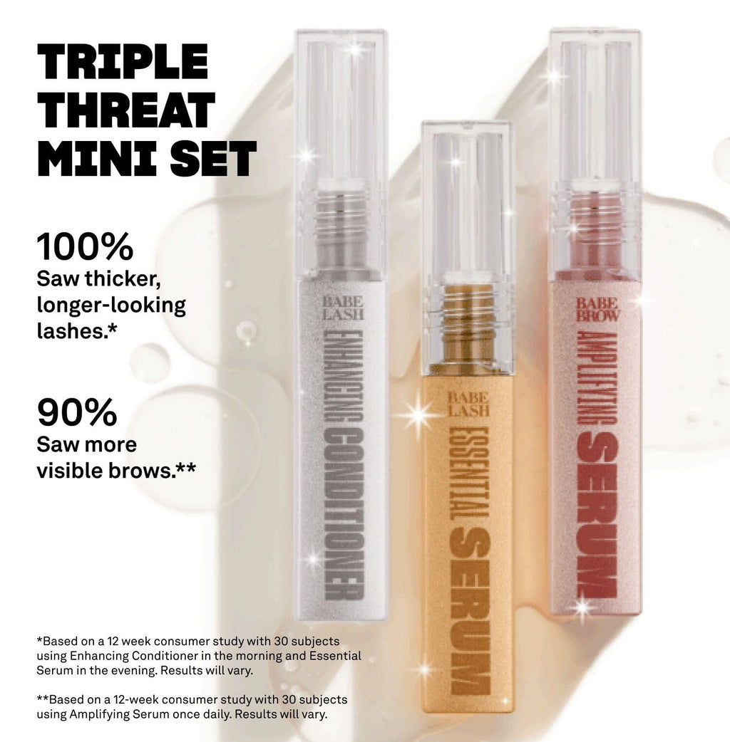 BABE ORIGINAL Triple Threat Mini Set – Lash Serum, Lash Conditioner, and Brow Amplifying Serum (1 mL each, 3-Pack)