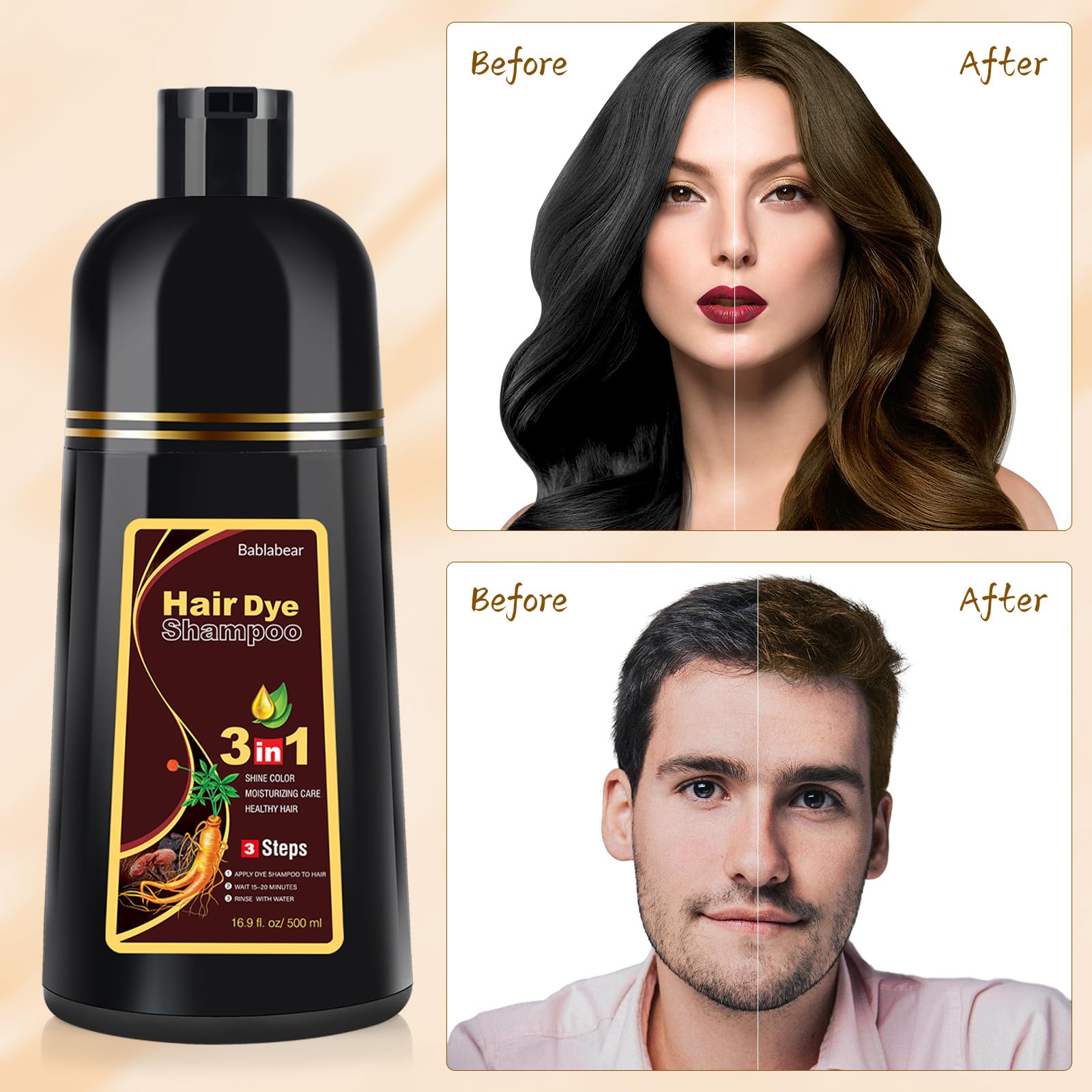 Bablabear Brown Hair Dye Shampoo for Gray Hair Coverage – Instant Color Deposit, 500ml