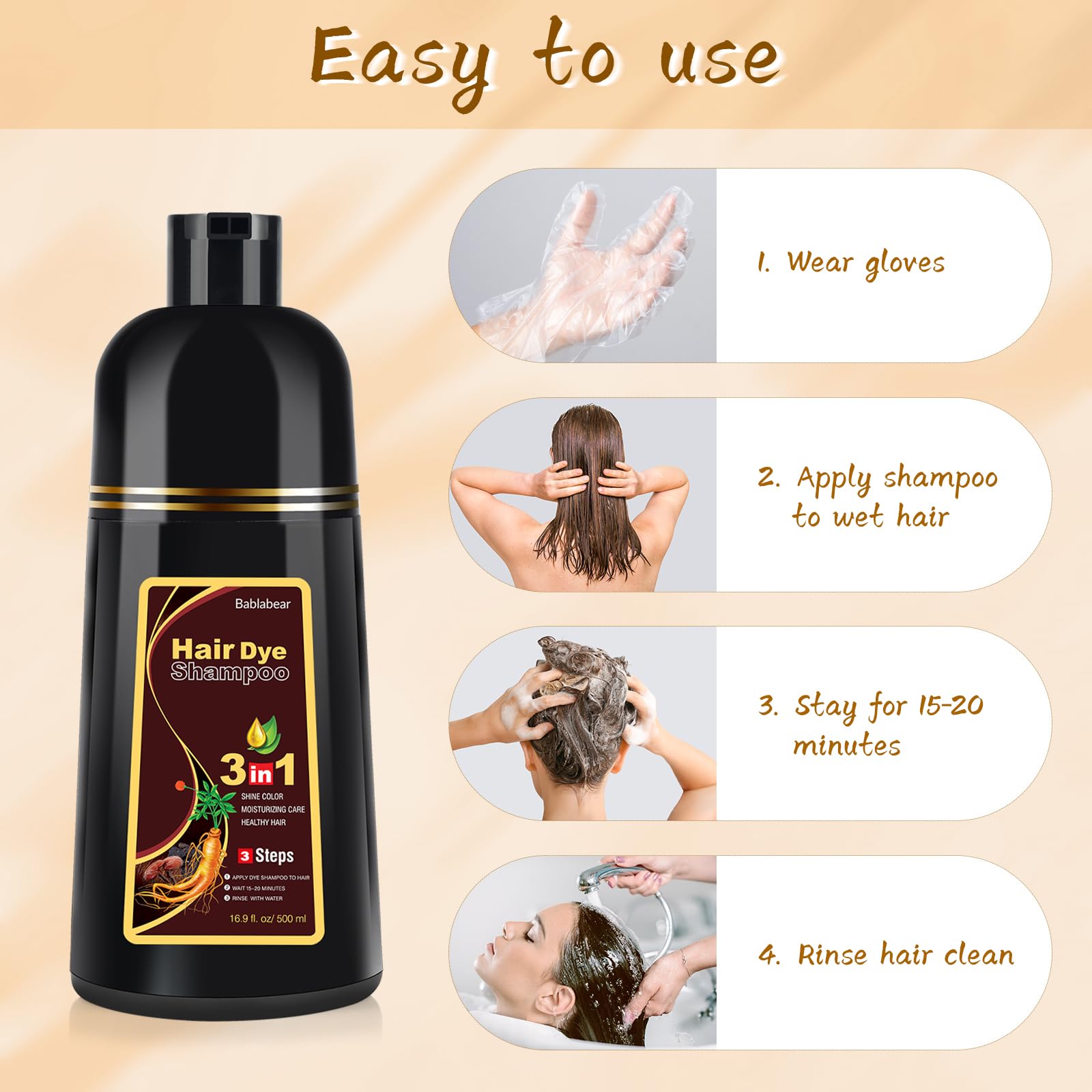 Bablabear Brown Hair Dye Shampoo for Gray Hair Coverage – Instant Color Deposit, 500ml