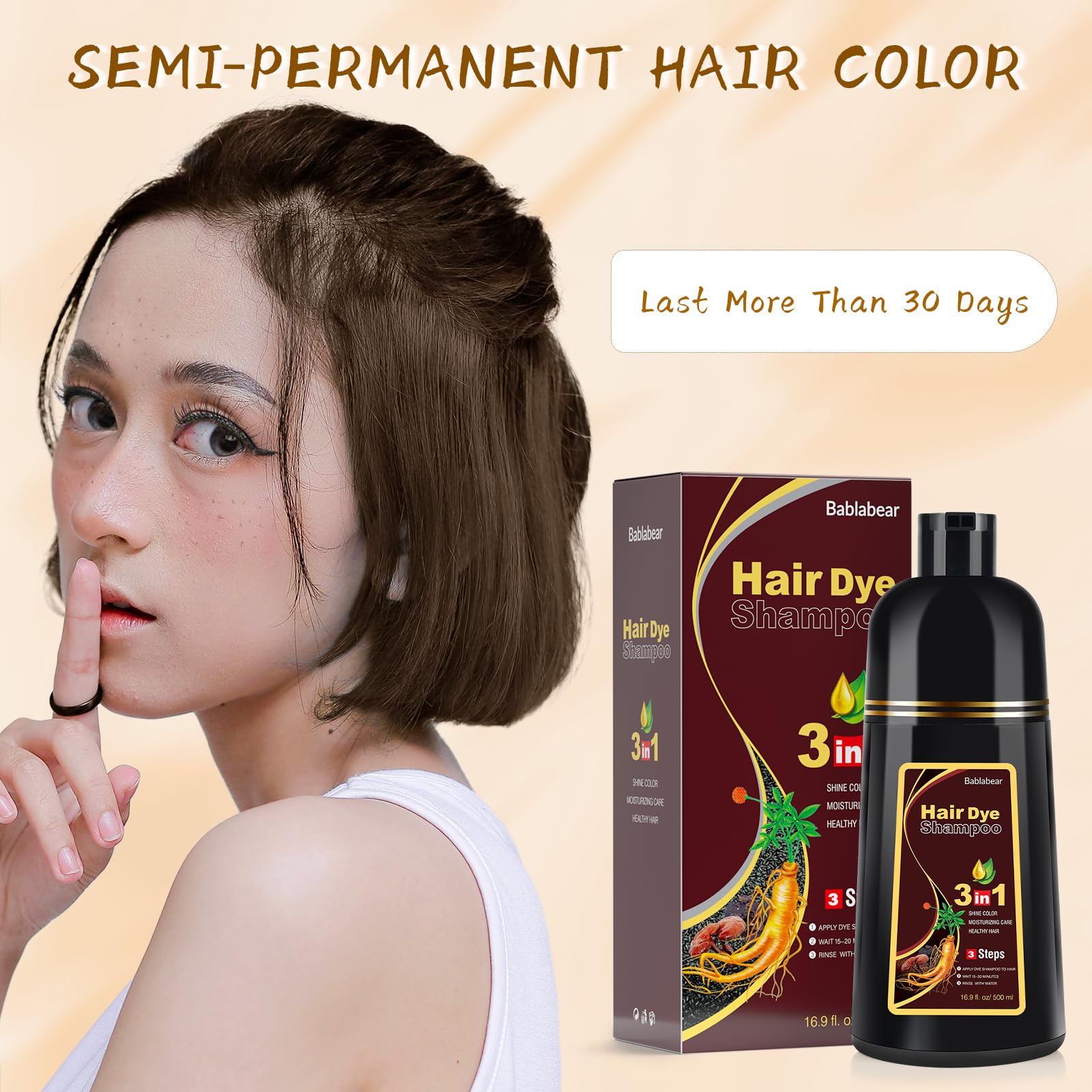 Bablabear Brown Hair Dye Shampoo for Gray Hair Coverage – Instant Color Deposit, 500ml