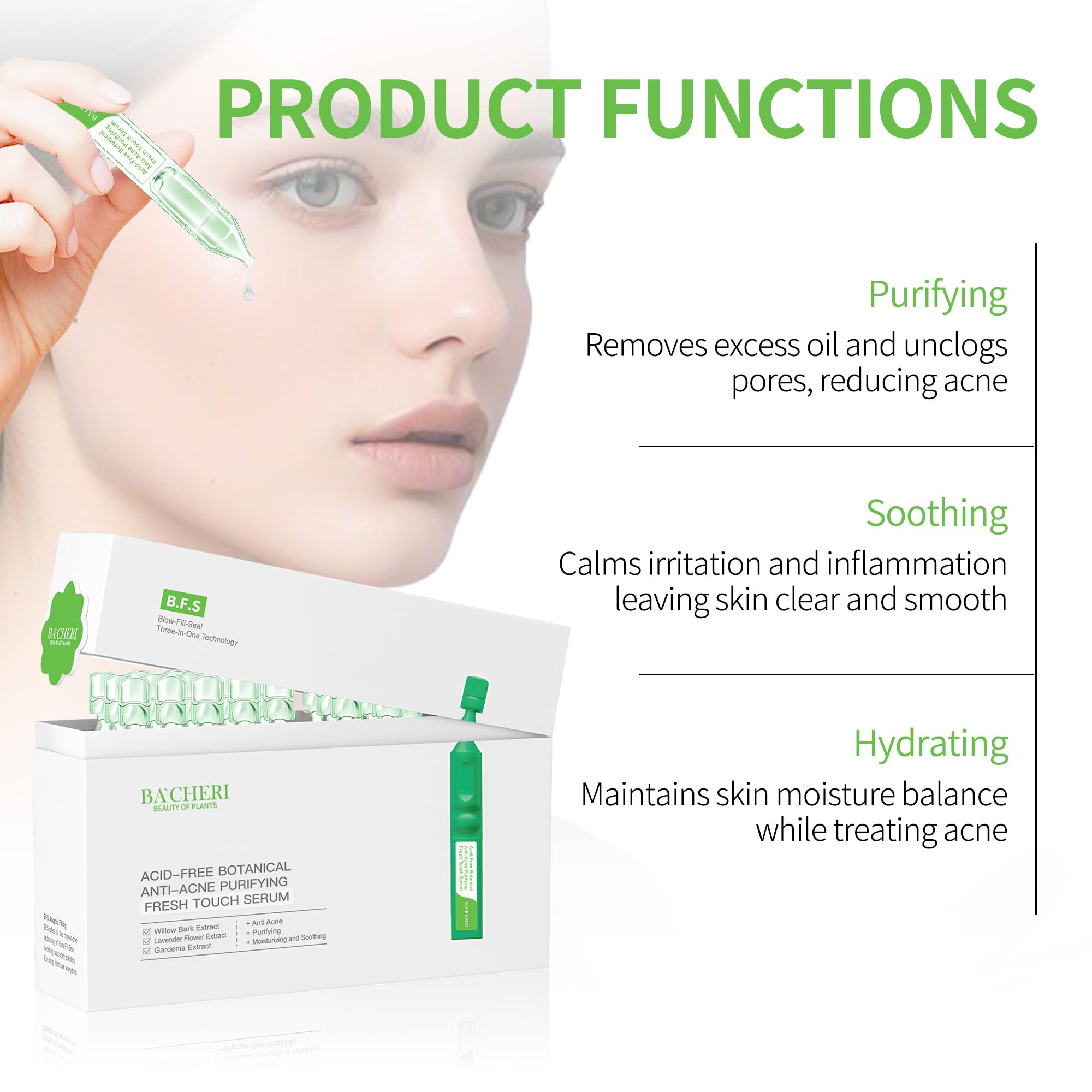 BACHERI Gentle Botanical Acne Serum – Niacinamide & Witch Hazel, 1.2 ml × 30 Ampoules