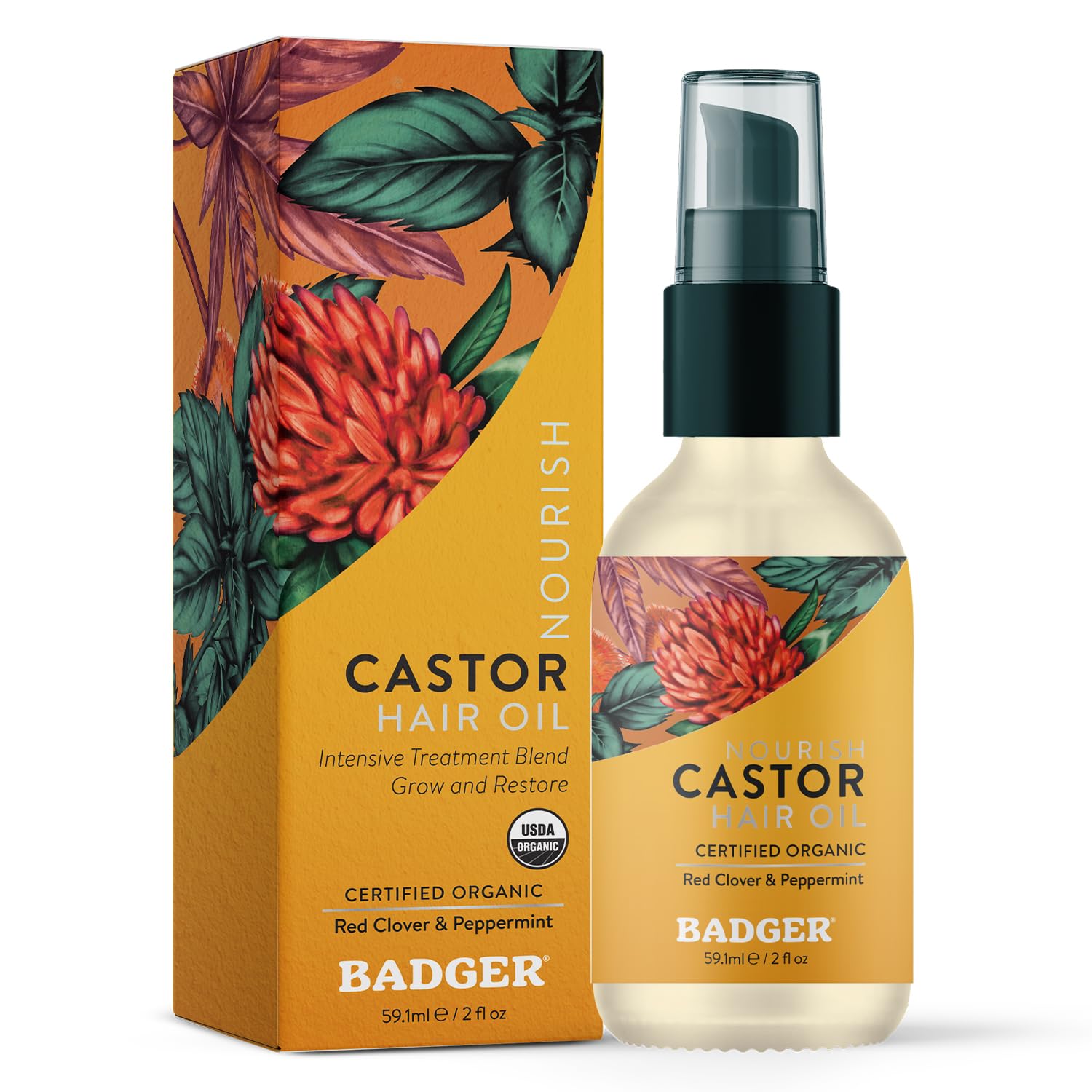 Badger Organic Castor Hair Oil – Fuller-Looking Hair, Red Clover & Peppermint, 2 oz