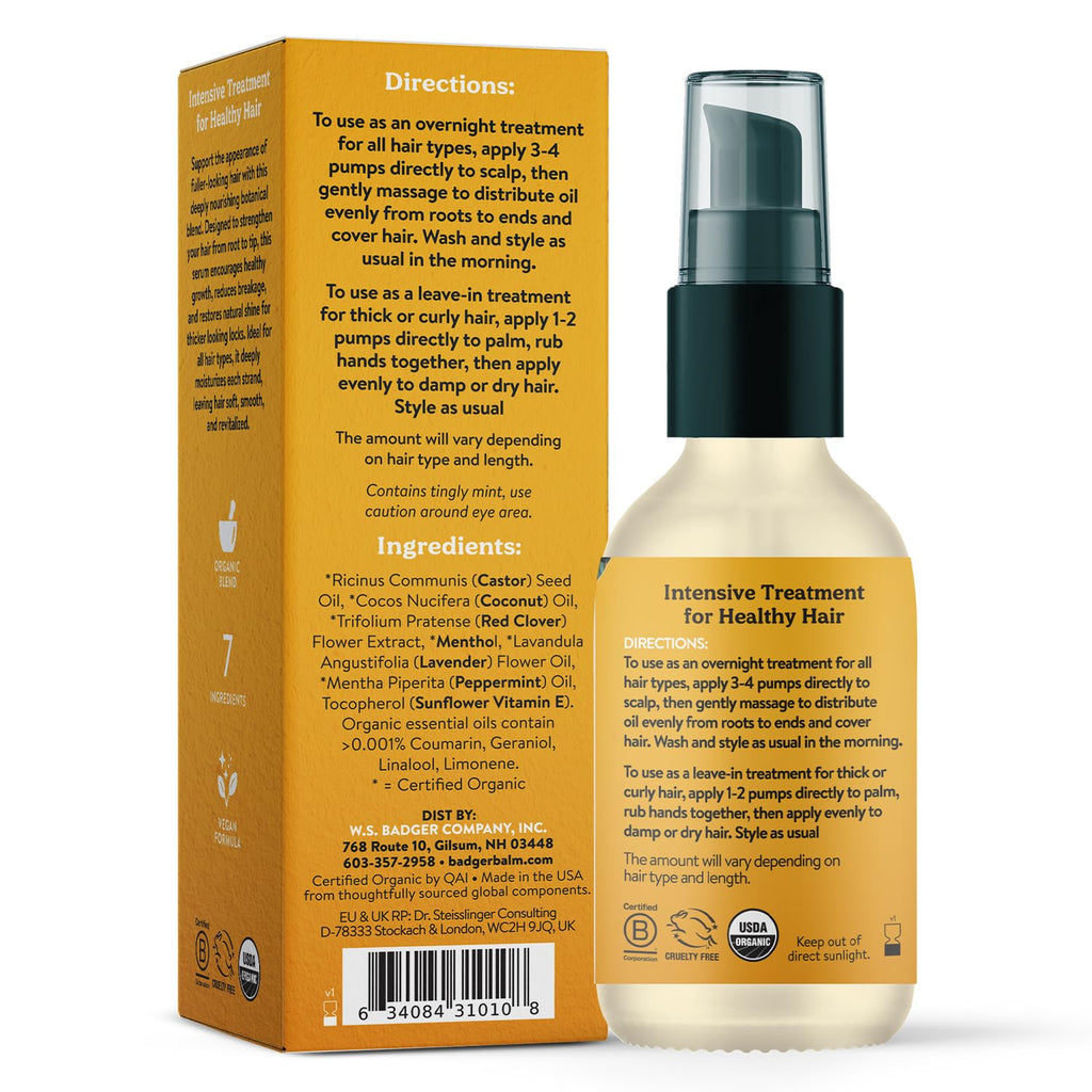 Badger Organic Castor Hair Oil – Fuller-Looking Hair, Red Clover & Peppermint, 2 oz