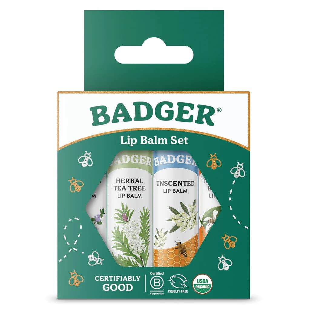 Badger Classic Organic Lip Balm Set - 4-Pack in Green Box (Unscented, Tea Tree, Mint & Tangerine)