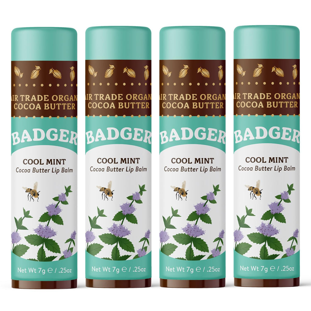 Badger Cool Mint Cocoa Butter Lip Balm – Organic, Long-Lasting Hydration, 4-Pack