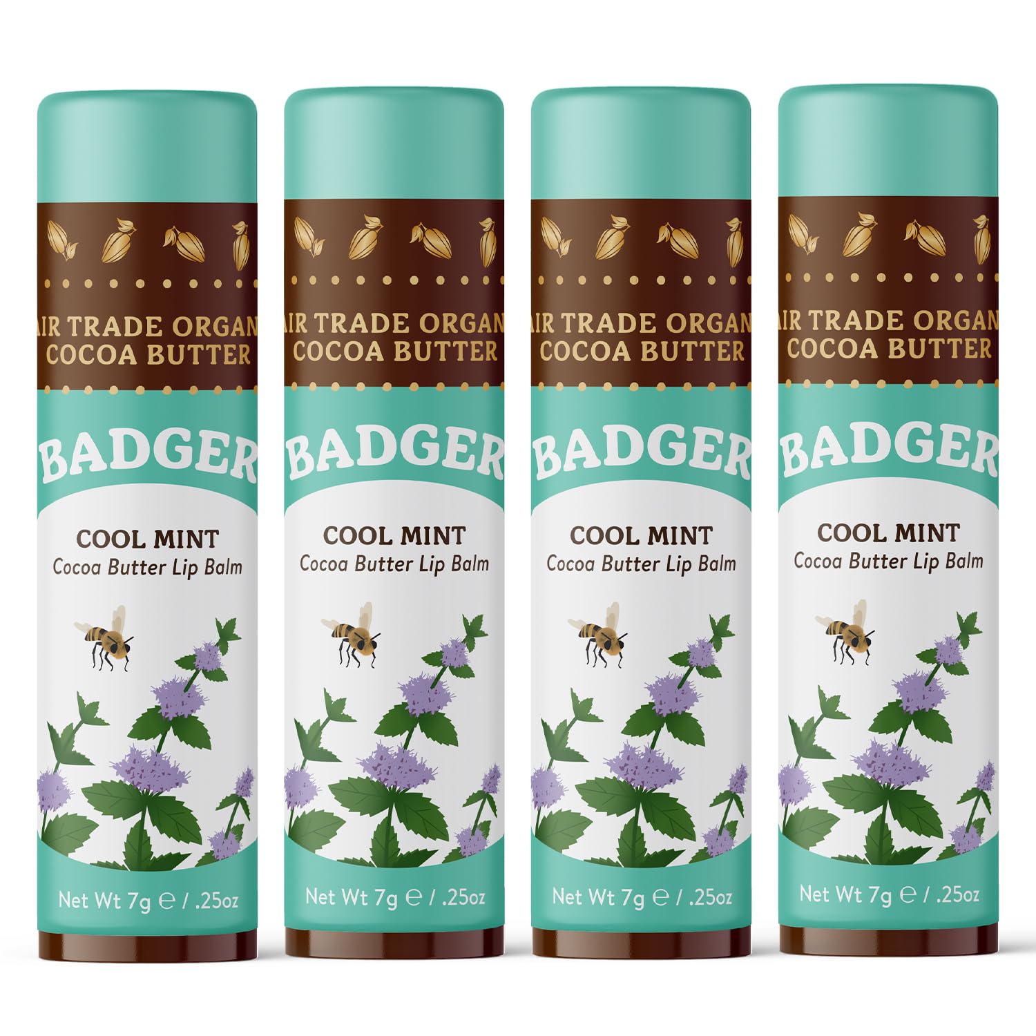 Badger Cool Mint Cocoa Butter Lip Balm – Organic, Long-Lasting Hydration, 4-Pack