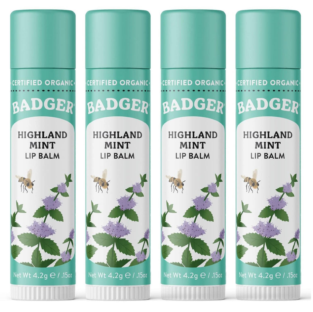 Badger Highland Mint Lip Balm – 100% Organic, Silky Lip Moisturizer (4 Pack)