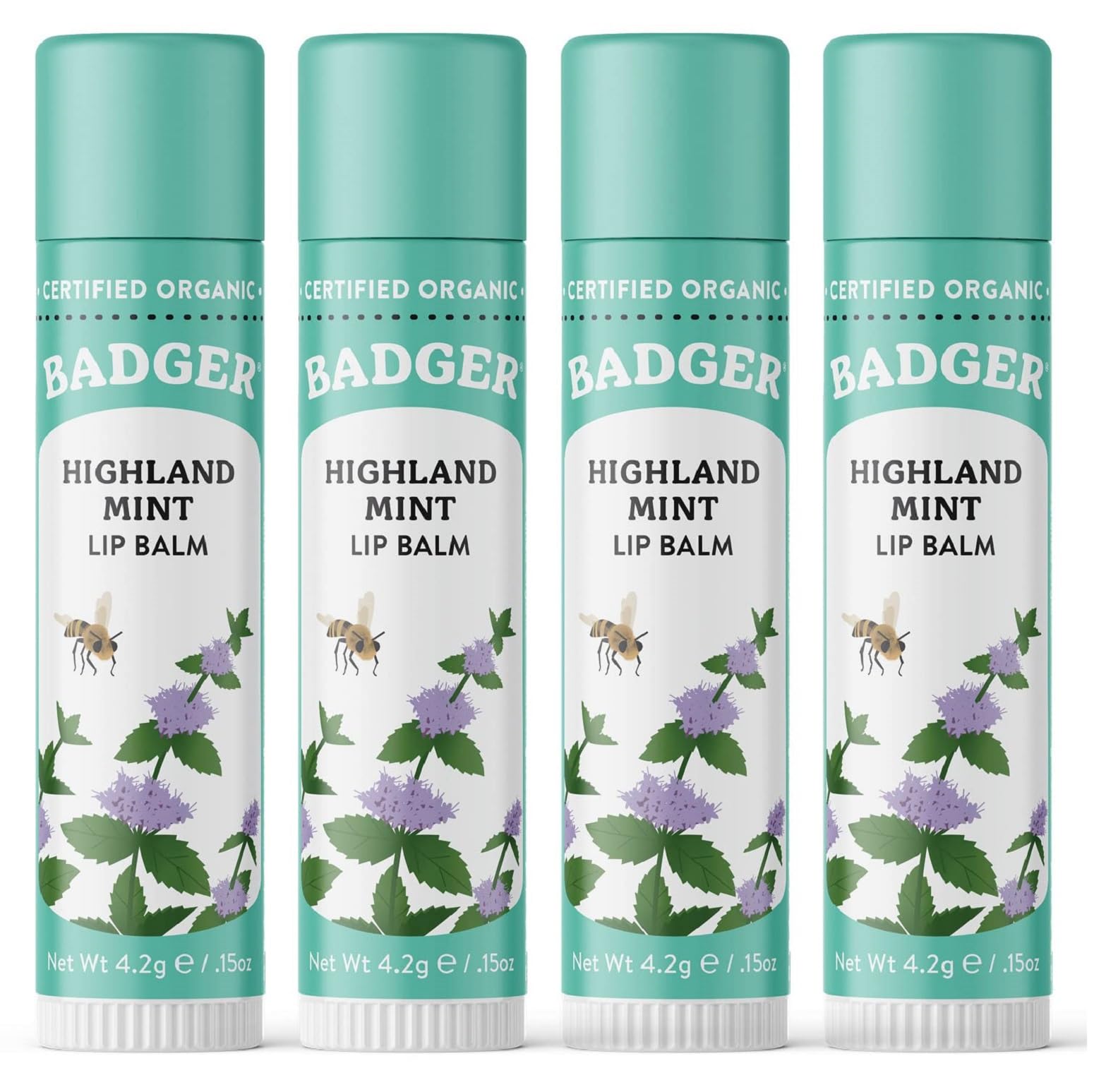 Badger Highland Mint Lip Balm – 100% Organic, Silky Lip Moisturizer (4 Pack)
