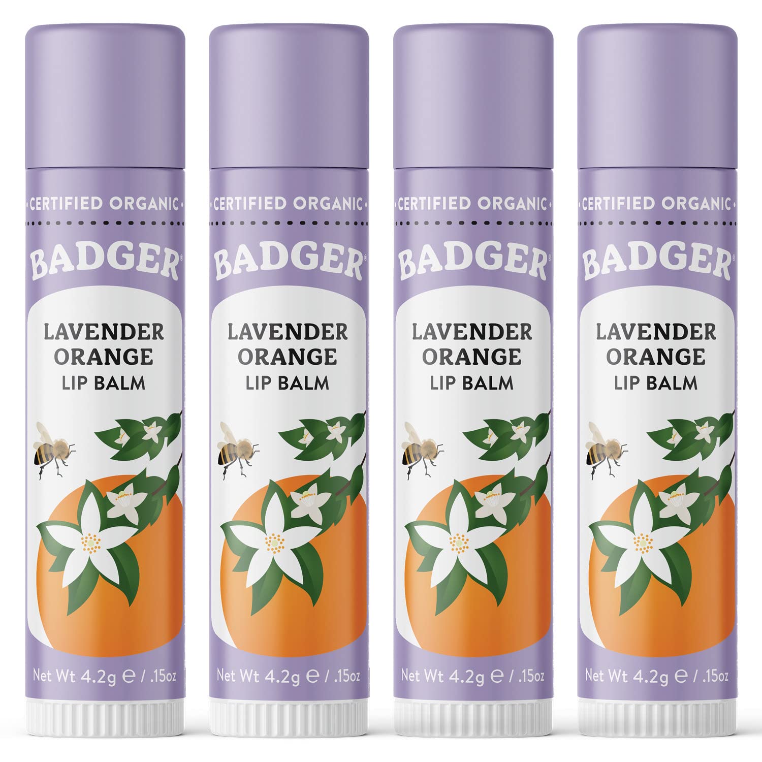Badger Lavender Orange Classic Lip Balm – 100% Organic, Long-Lasting Lip Care (4 Pack)