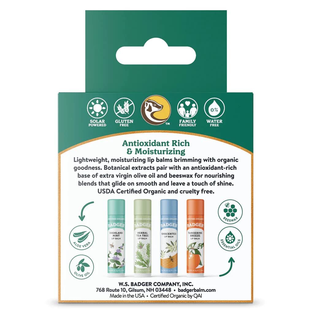 Badger Classic Organic Lip Balm Set - 4-Pack in Green Box (Unscented, Tea Tree, Mint & Tangerine)