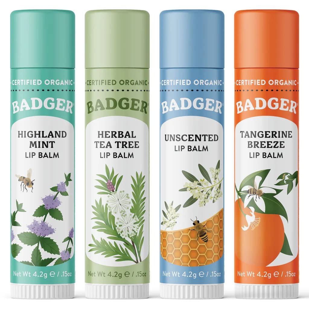 Badger Classic Organic Lip Balm Set - 4-Pack in Green Box (Unscented, Tea Tree, Mint & Tangerine)