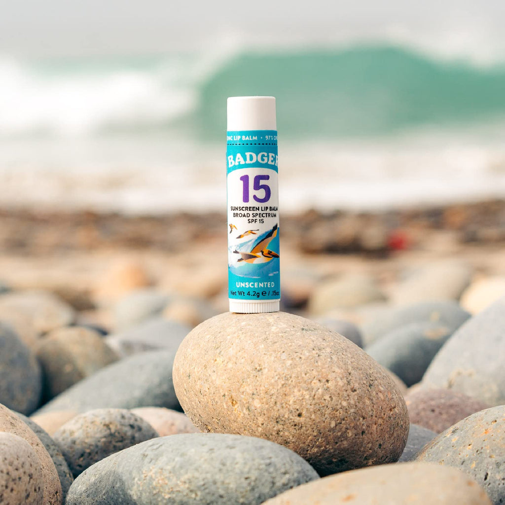 Badger Mineral Sunscreen Lip Balm SPF 15 – Reef Safe, Unscented, Travel Size, 4-Pack