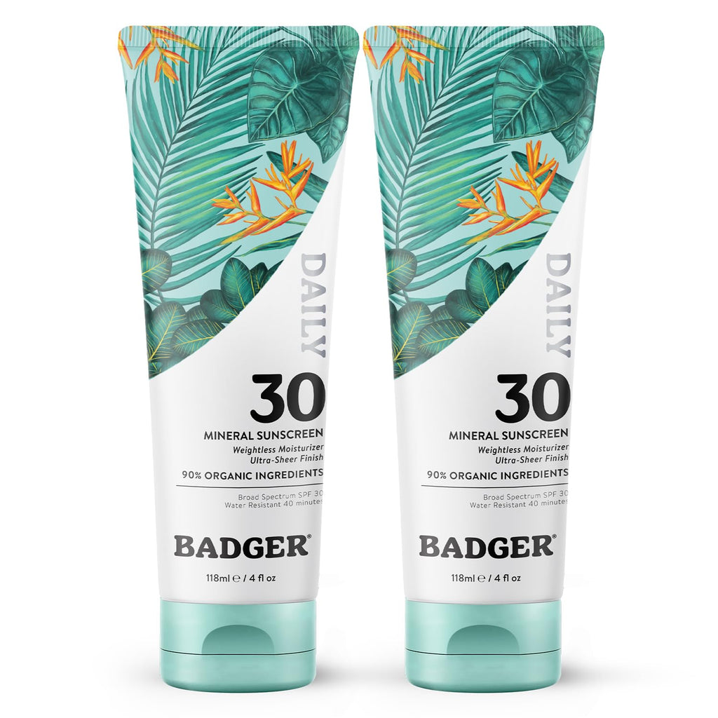 Badger Mineral Daily Sunscreen SPF 30 – Lightweight, No White Cast, Unscented, Reef Safe, 2-Pack (4 oz)