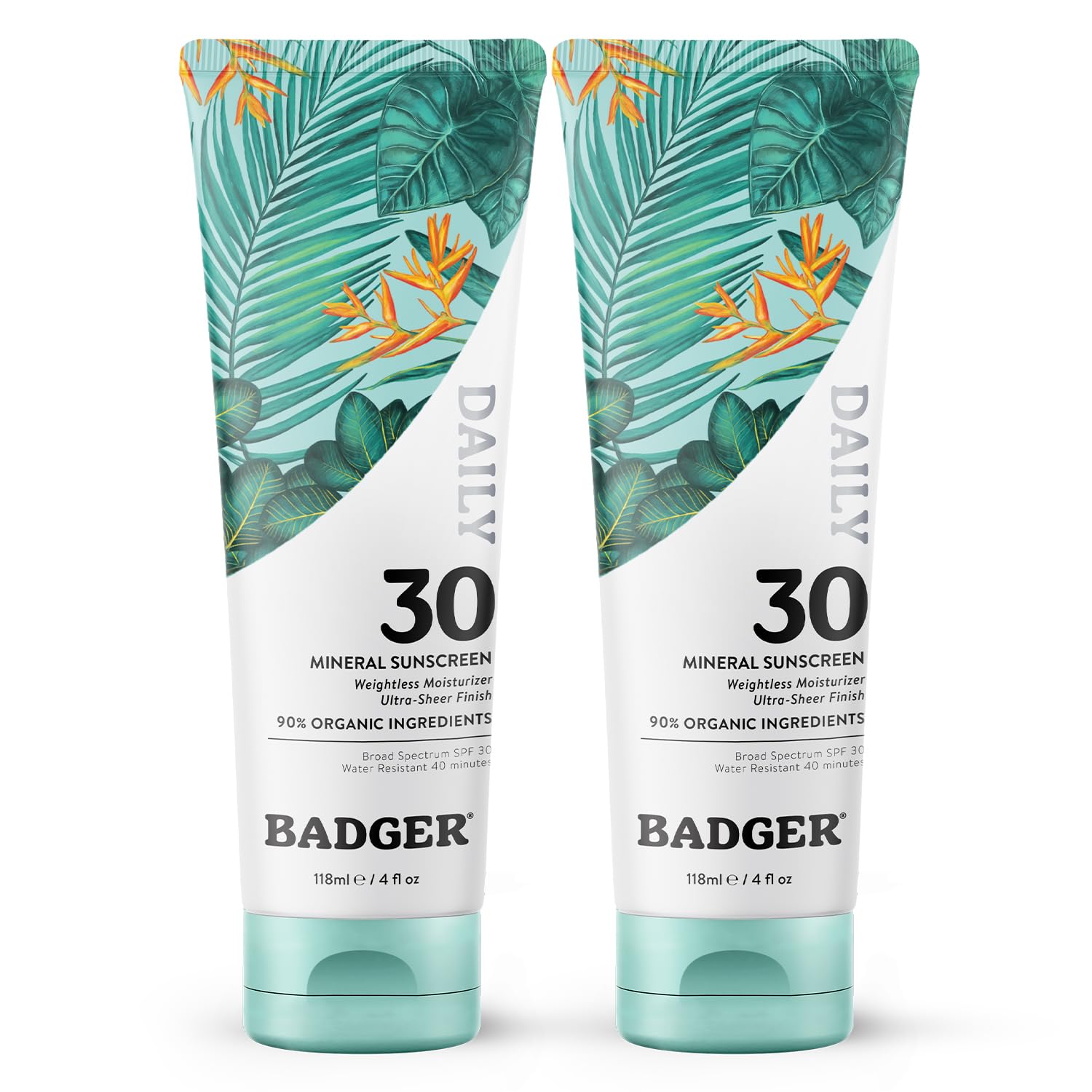 Badger Mineral Daily Sunscreen SPF 30 – Lightweight, No White Cast, Unscented, Reef Safe, 2-Pack (4 oz)