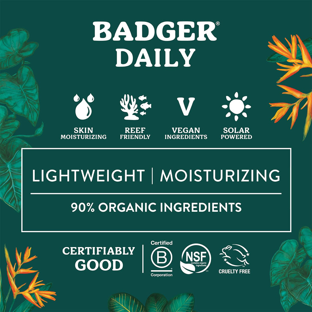 Badger Mineral Daily Sunscreen SPF 30 – Lightweight, No White Cast, Unscented, Reef Safe, 2-Pack (4 oz)