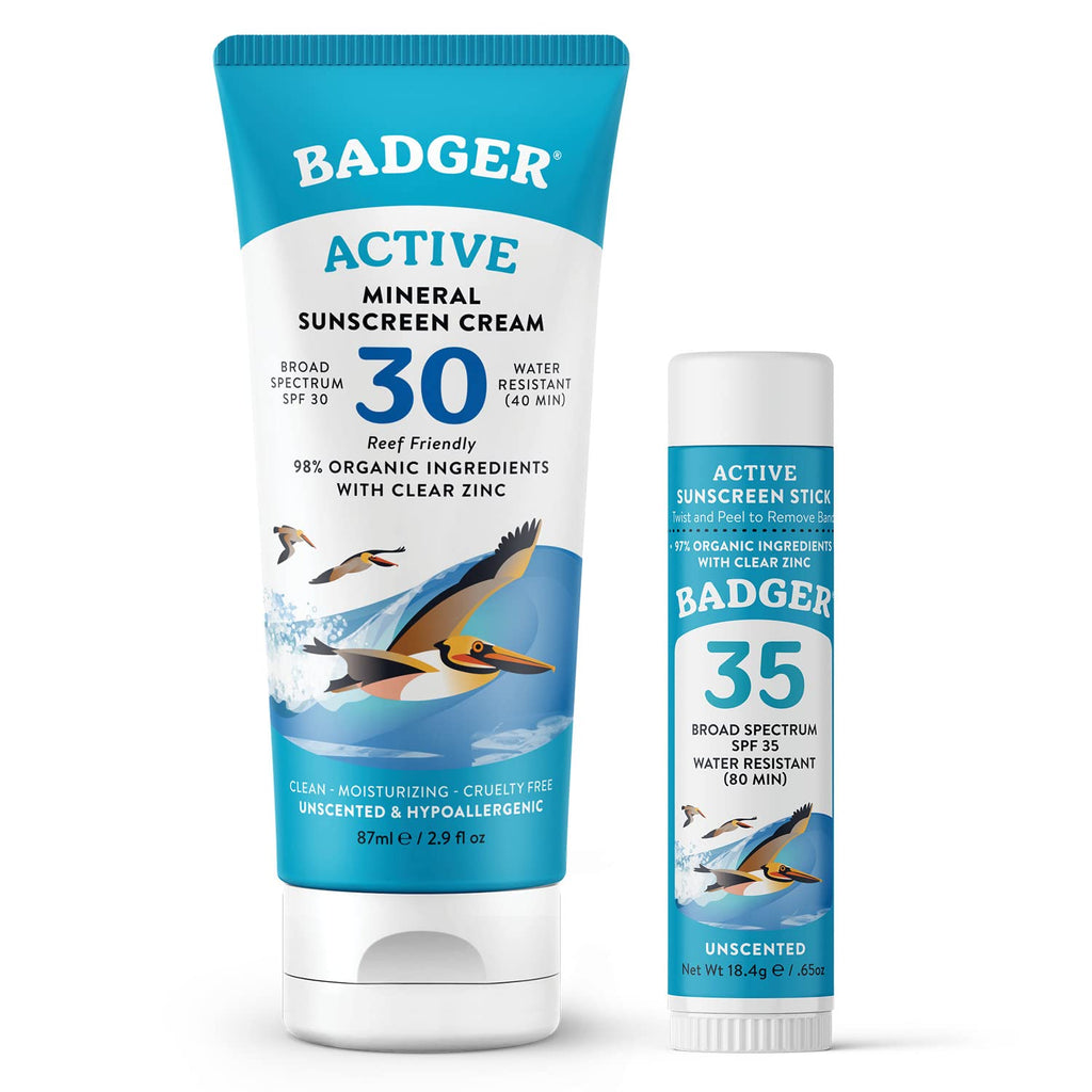 Badger Mineral Sunscreen Combo SPF 30 Cream + SPF 35 Face Stick – Reef Safe, Unscented, 2-Count