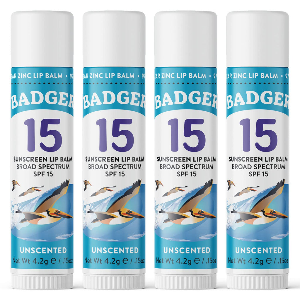 Badger Mineral Sunscreen Lip Balm SPF 15 – Reef Safe, Unscented, Travel Size, 4-Pack