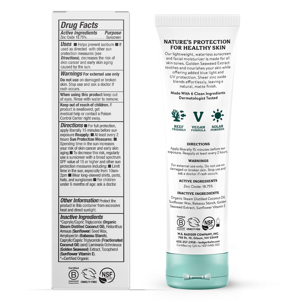 Badger Zinc Oxide Face Sunscreen SPF 30 – Lightweight, Unscented, Matte Finish (2-Pack)