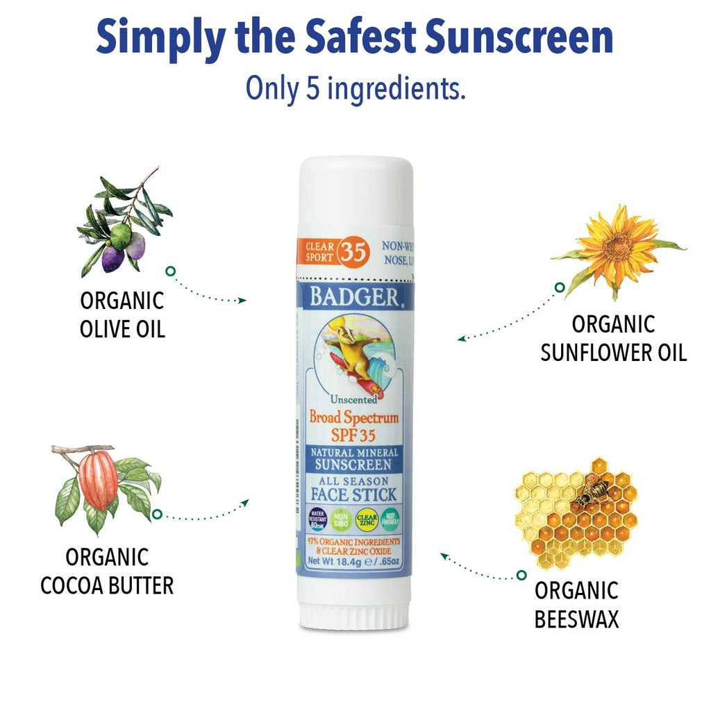 Badger Mineral Sunscreen Combo SPF 30 Cream + SPF 35 Face Stick – Reef Safe, Unscented, 2-Count
