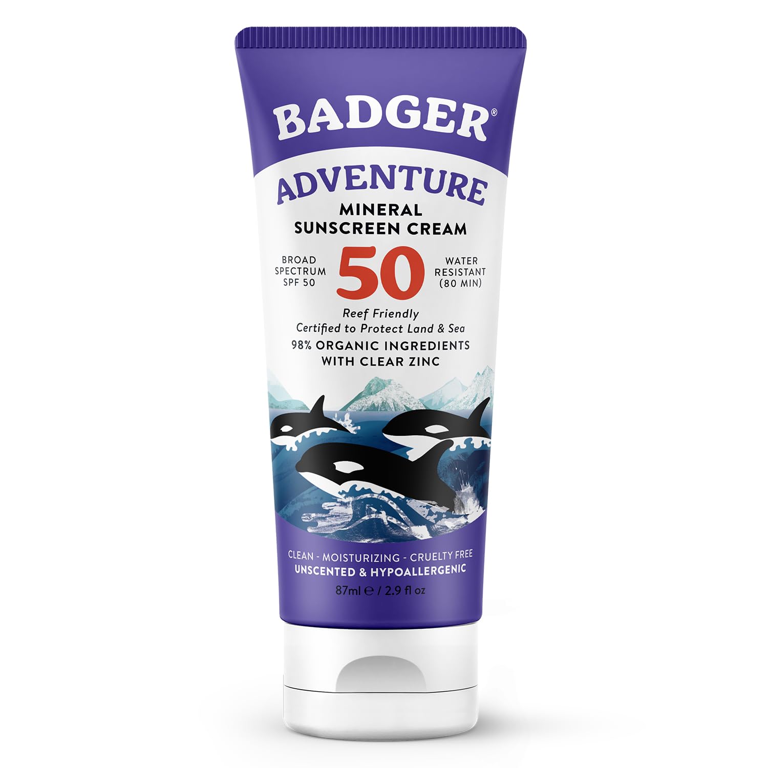 Badger Mineral Sunscreen SPF 50 – Reef Safe, 98% Organic, Unscented