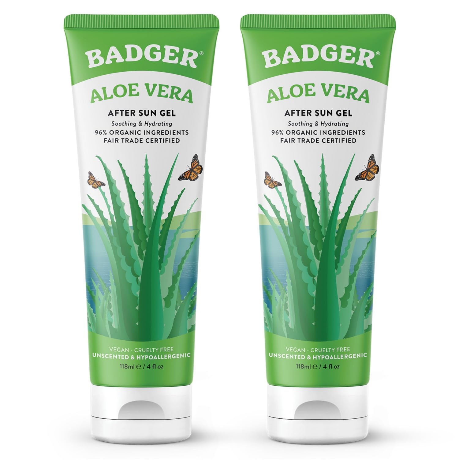 Badger Organic Aloe Vera Gel – 96% Pure, Unscented, Face & Body (2 x 4 fl oz)